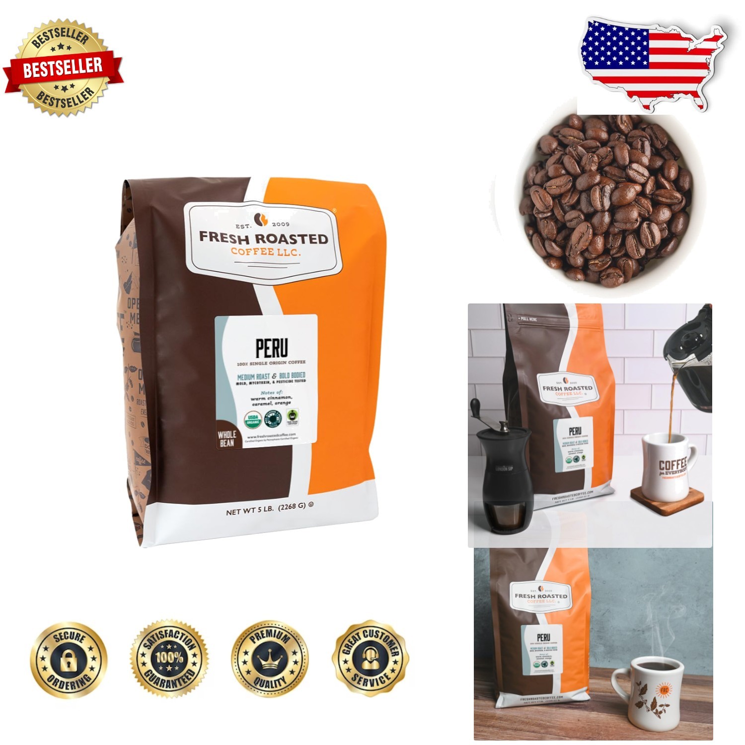 USDA Organic Peru Coffee Beans 5lb – Medium Roast, Caramelized Sweetness, Tested