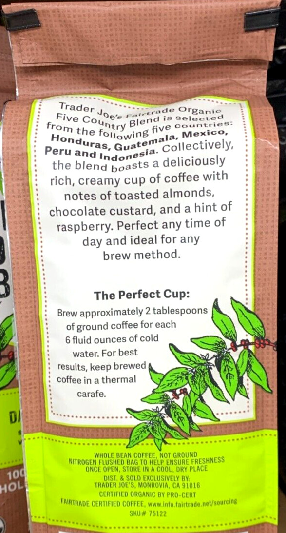 2 x Trader Joe’s Organic Fair Trade Five Country Whole Blend Coffee 13 oz Each