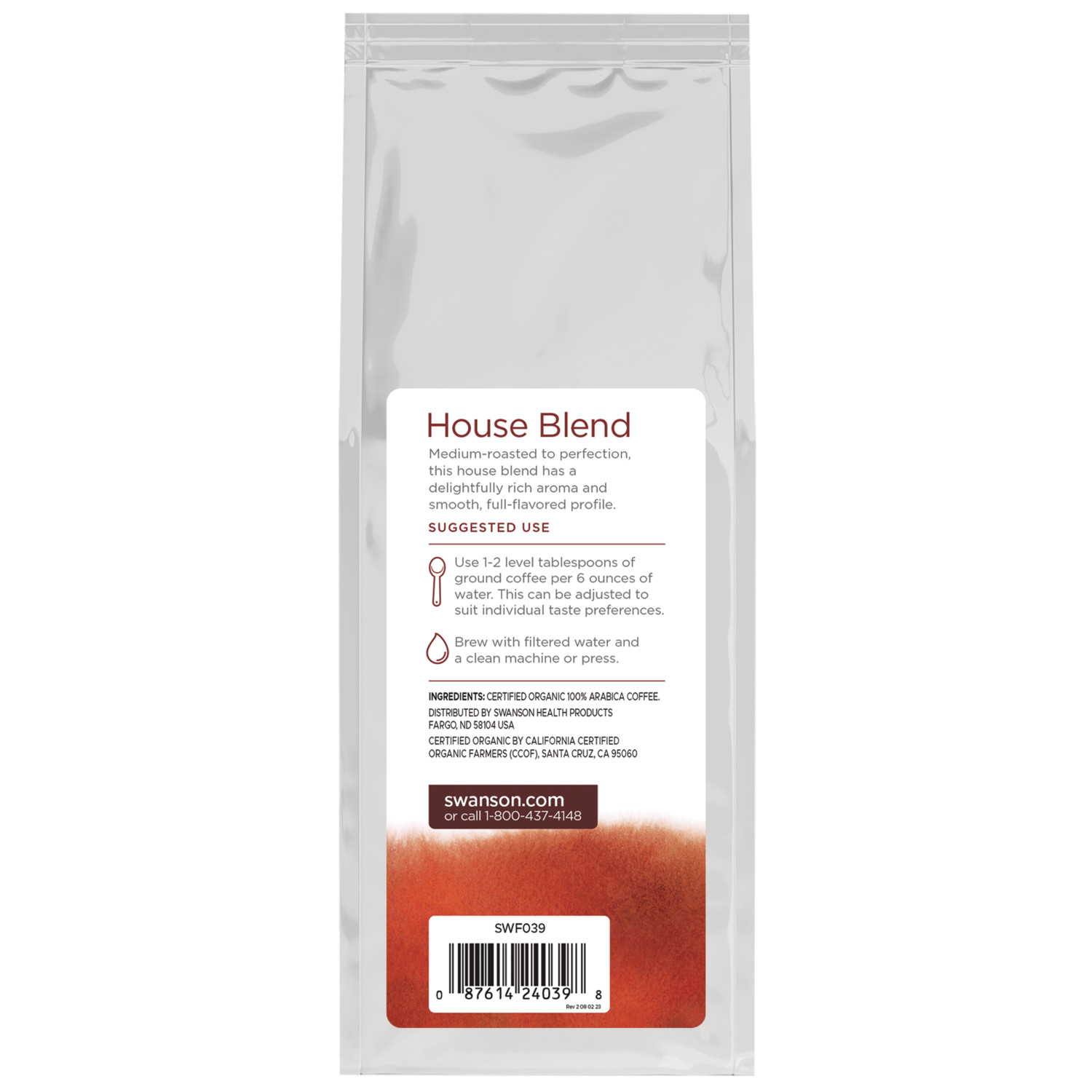 Swanson Organic House Blend Ground Coffee – Medium Roast 16 oz Package