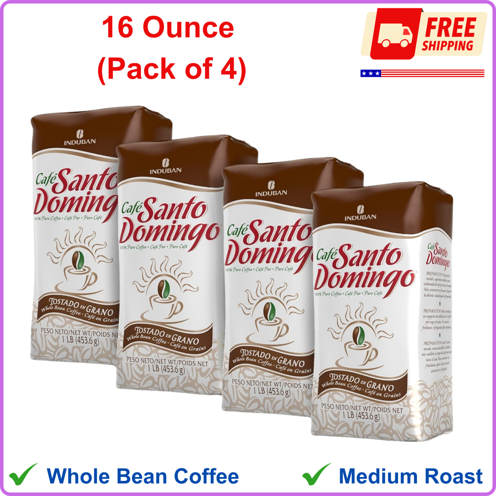 Cafe Santo Domingo, 16 Ounce Bag, Whole Bean Coffee, Medium Roast – (Pack of 4)