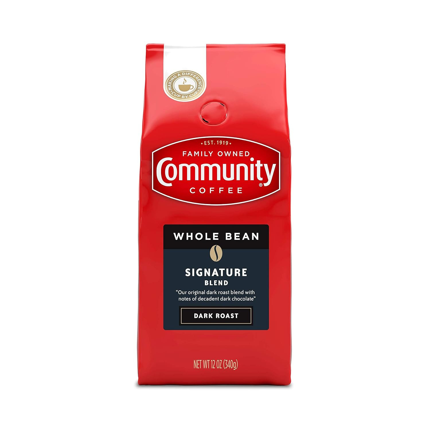Community Coffee Signature Blend Whole Bean Coffee, Dark Roast, 12 Oz Bag (Pack