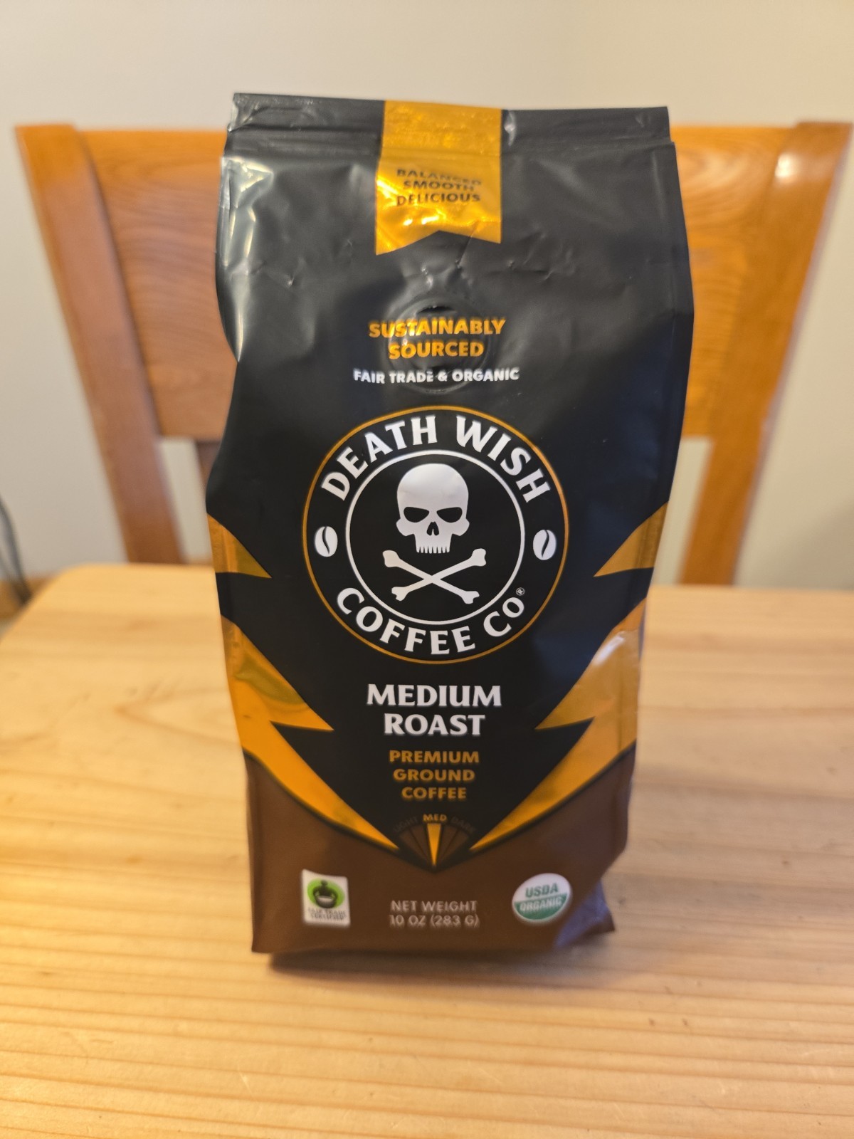 Death Wish Coffee, Organic and Fair Trade MEDIUM Roast Ground 10 oz NEW SEALED