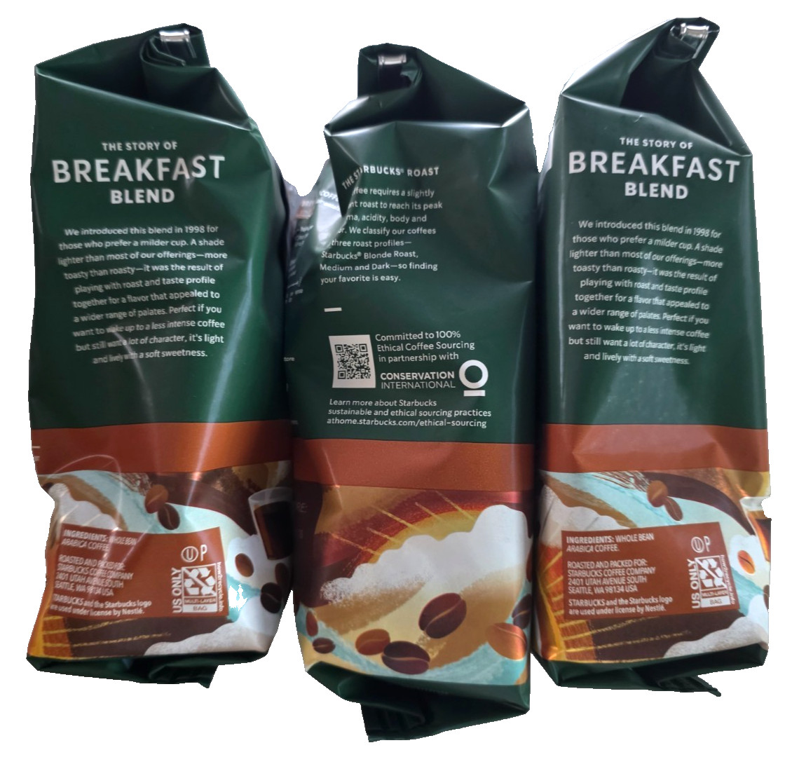 Starbucks Whole Bean Med Roast Coffee Breakfast Blend 3/12oz Bags