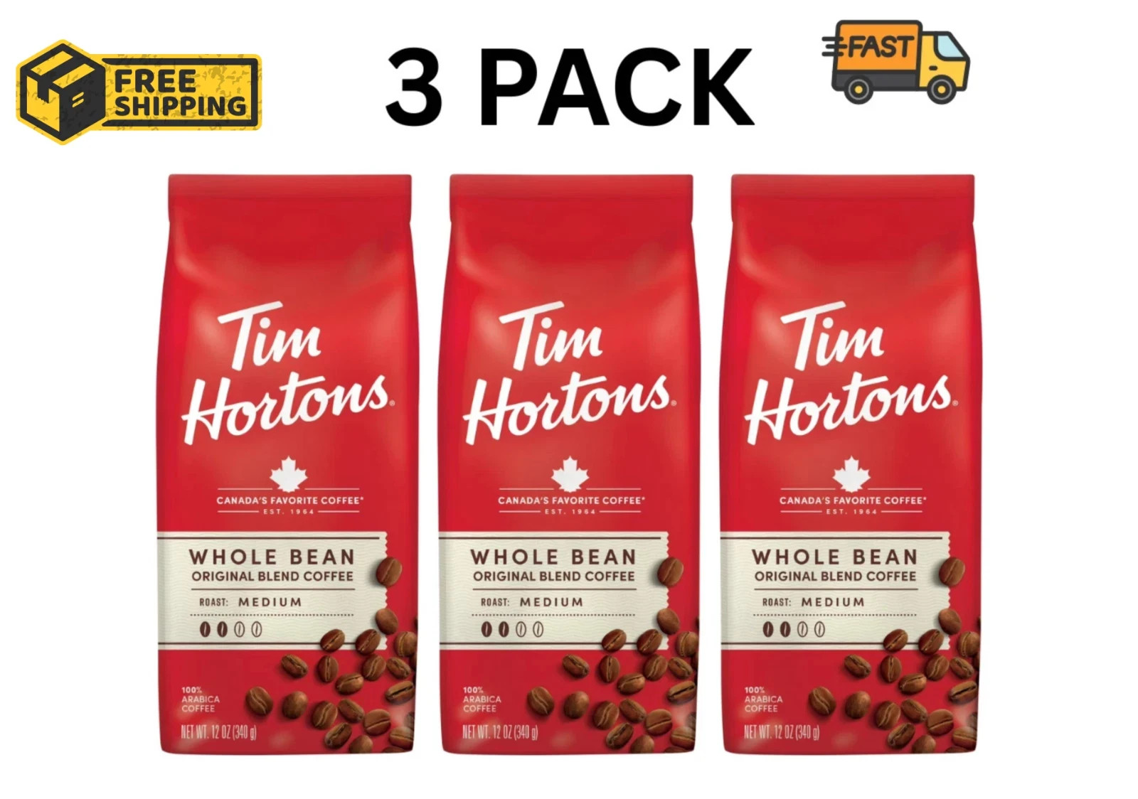 Tim Hortons Medium Roast Coffee Beans Whole Bean 12oz Organic Arabica 3 Pack