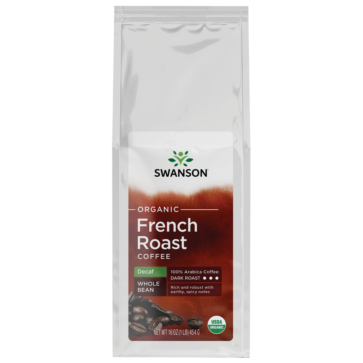 Swanson Organic French Roast Decaf Whole Bean Coffee – Dark Roast 16 oz Package