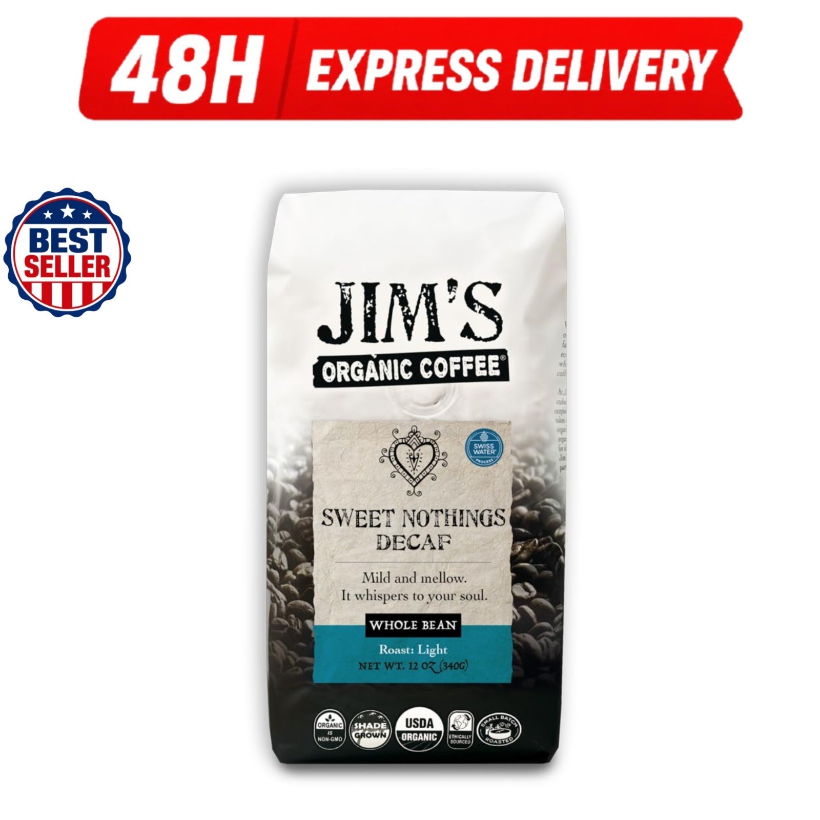 Jim’s Organic Coffee Sweet Nothings Decaf Light Roast Whole Bean 12oz