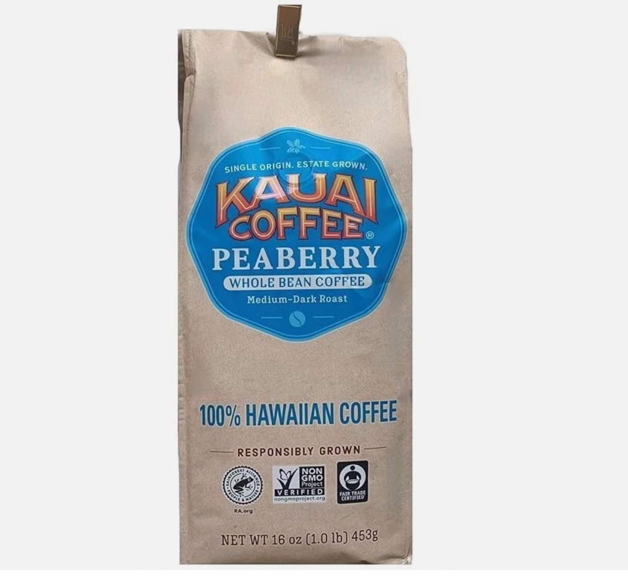 Kauai Coffee 100% Hawaiian Peaberry Whole Bean Coffee – 1 lb