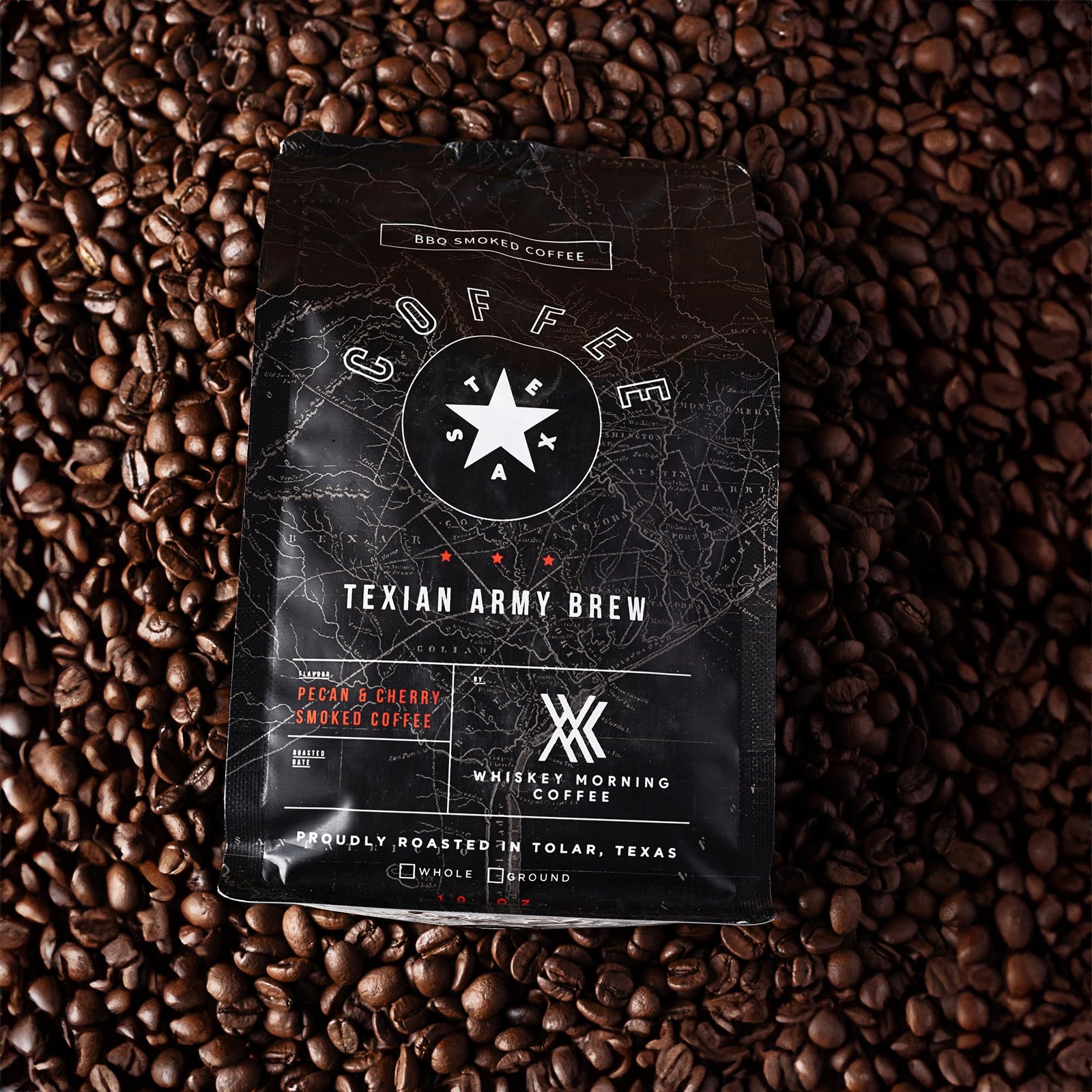 Texian Army Brew, Double Smoked Whole Bean Coffee, Fire Roasted with Pecan Wo…