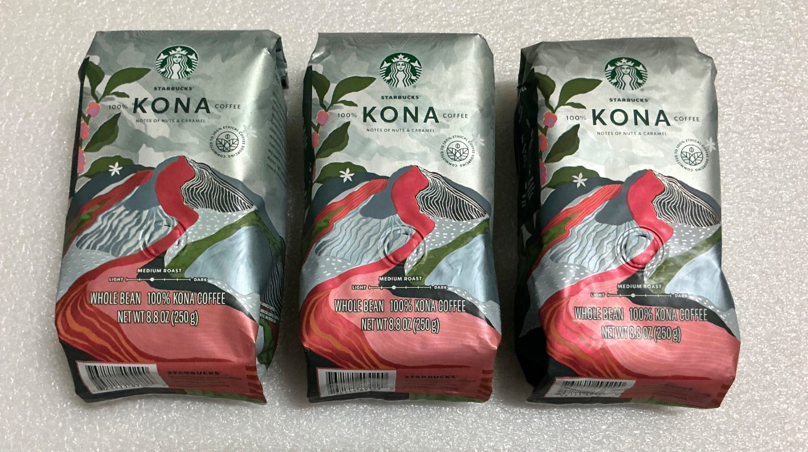 3x STARBUCKS 100% Kona Whole Bean Coffee Medium Roast 8.8 oz Hawaii Exclusive