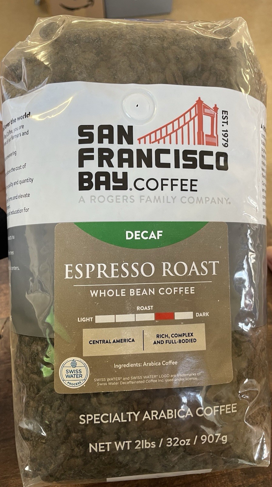 San Francisco Bay Coffee Decaf Espresso Roast Whole Bean Swiss Water 907g