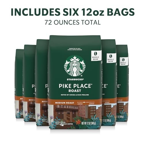 Starbucks Pike Place Medium Roast Whole Coffee Beans 6 x 12 oz Bags