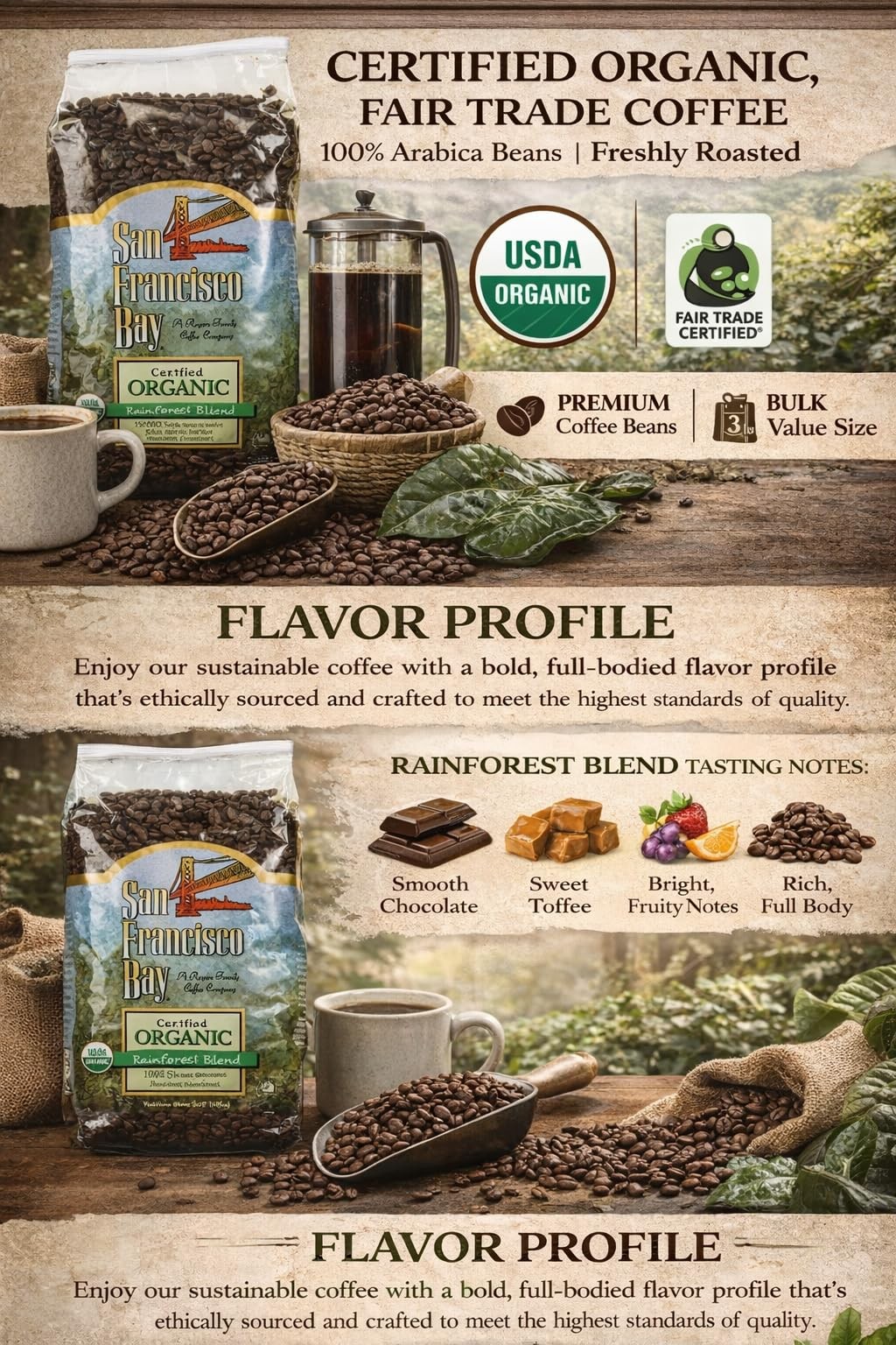 San Francisco Bay 100% Organic Coffee Rainforest Blend Whole Bean 3 Lbs