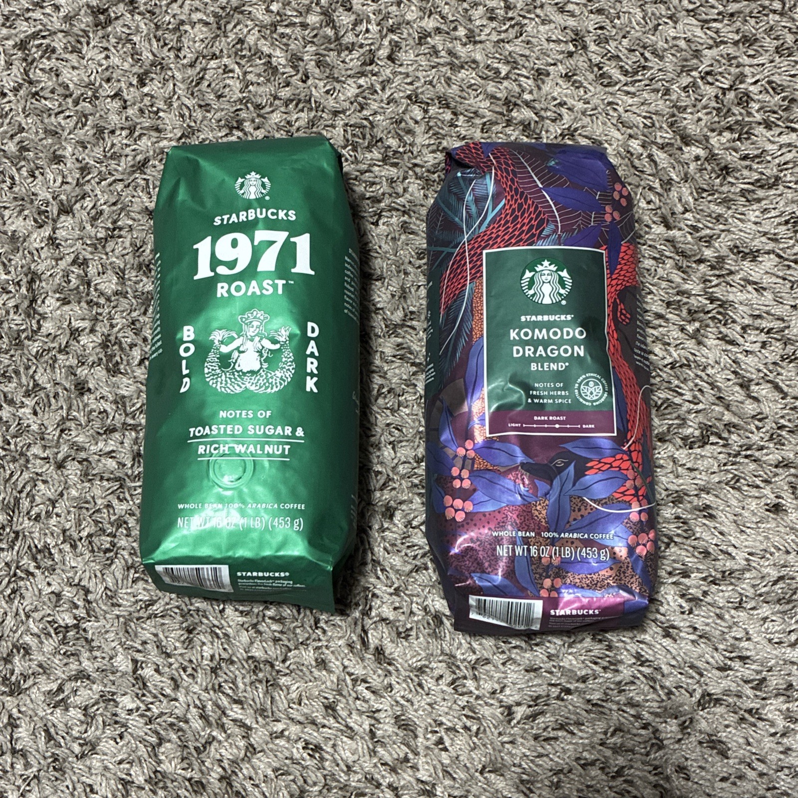 Starbucks 1971 & Komodo Dragon Whole Bean Coffee- 2 x 1 Pound Sealed