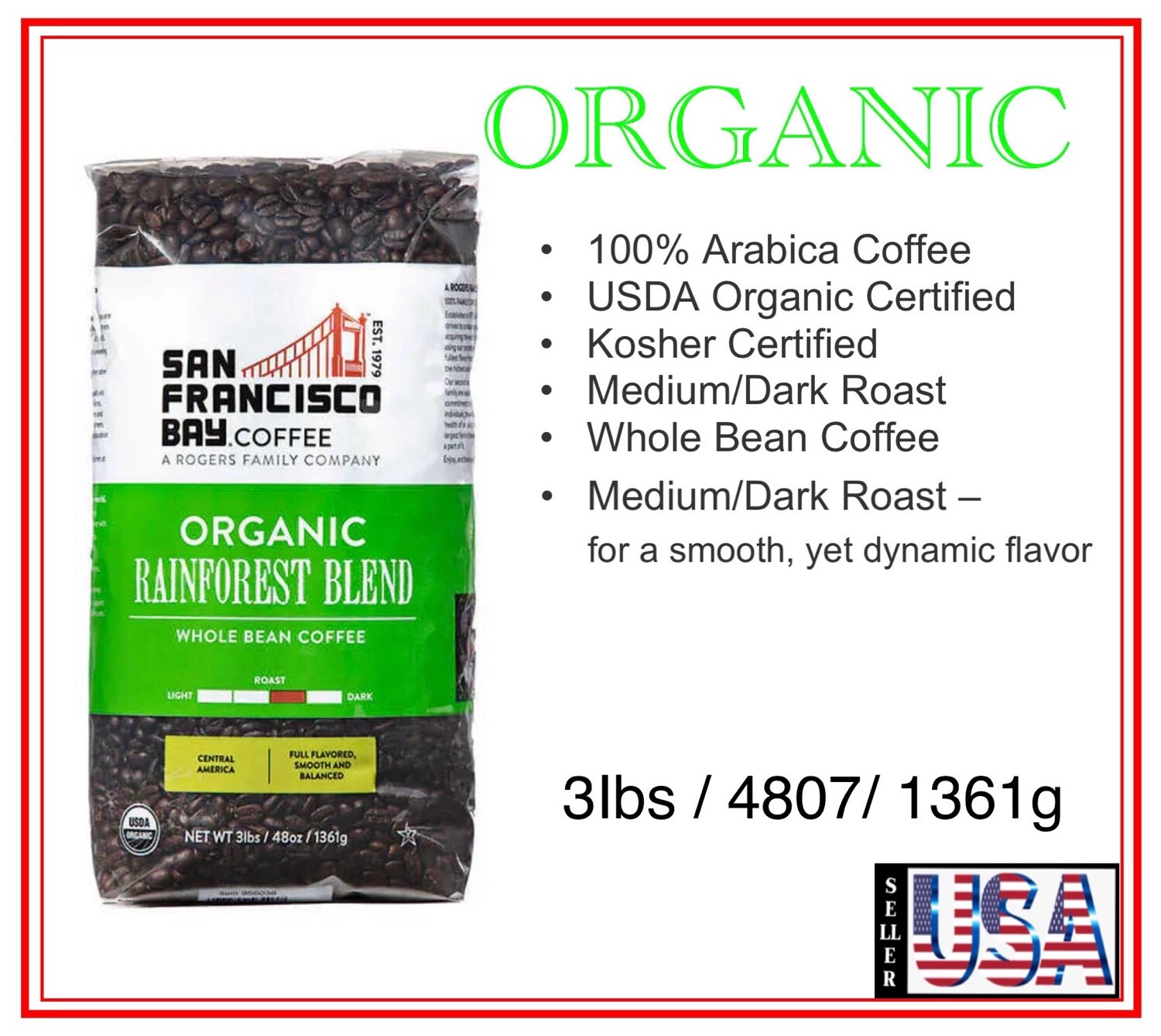 3 lbs, San Francisco Bay Organic Rainforest Blend Whole Bean Coffee,( 1361 g )
