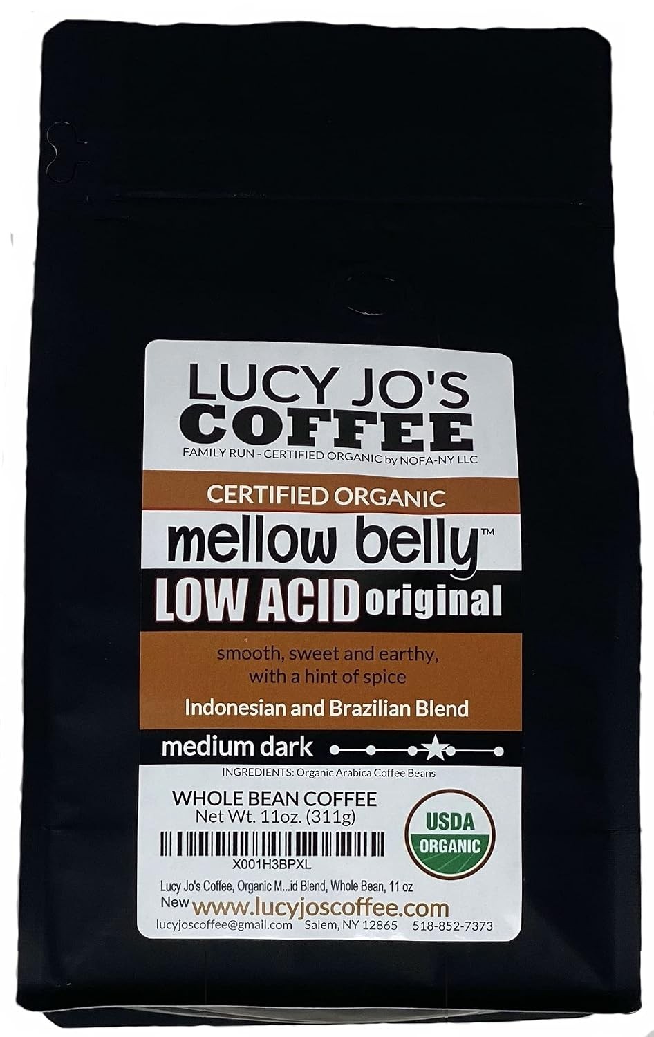 Organic Mellow Belly Low Acid Blend Medium Dark Roast Whole Bean 11 oz (11 OZ)