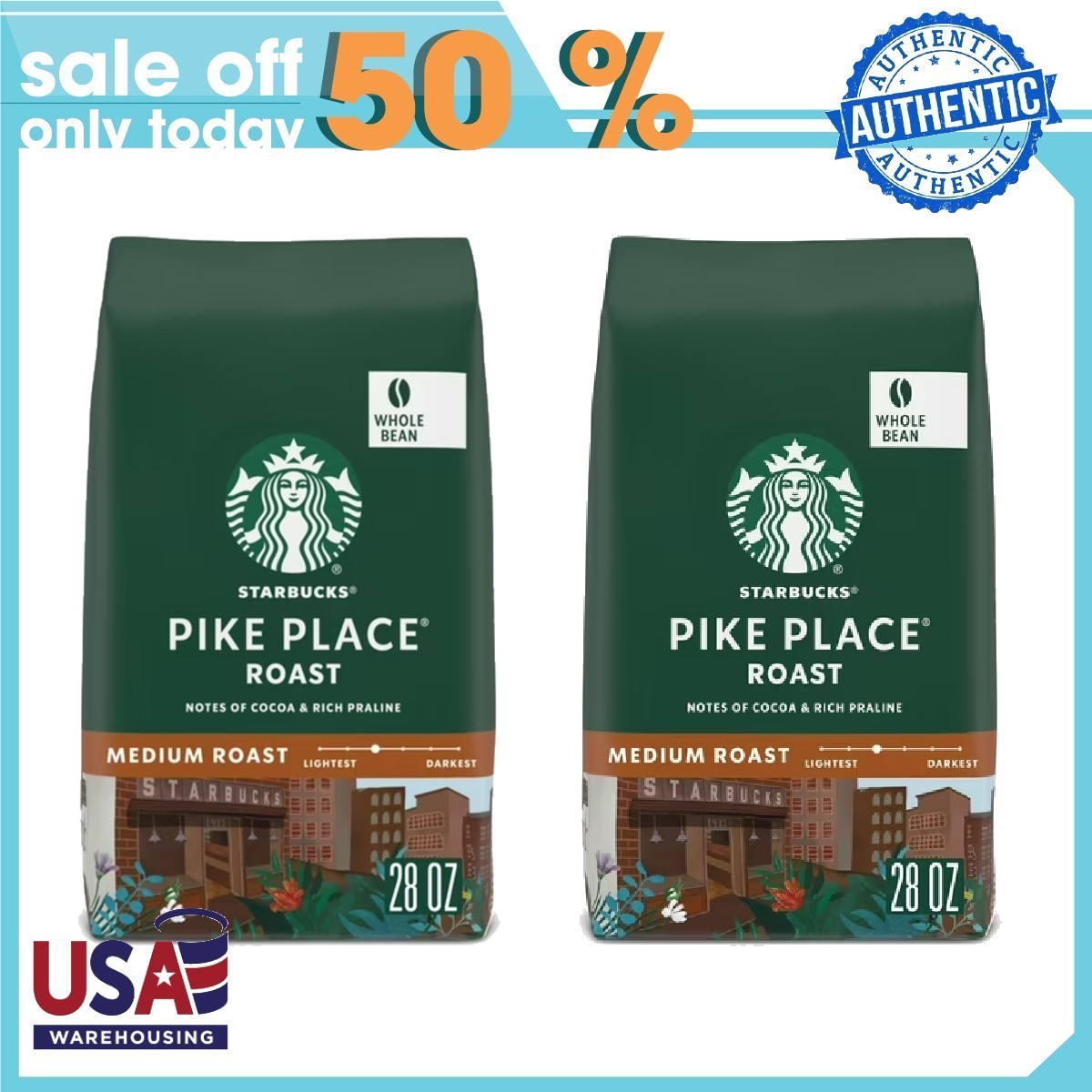 2p Starbucks Arabica Coffee Beans Pike Place Roast, Medium Roast Whole Bean 28oz