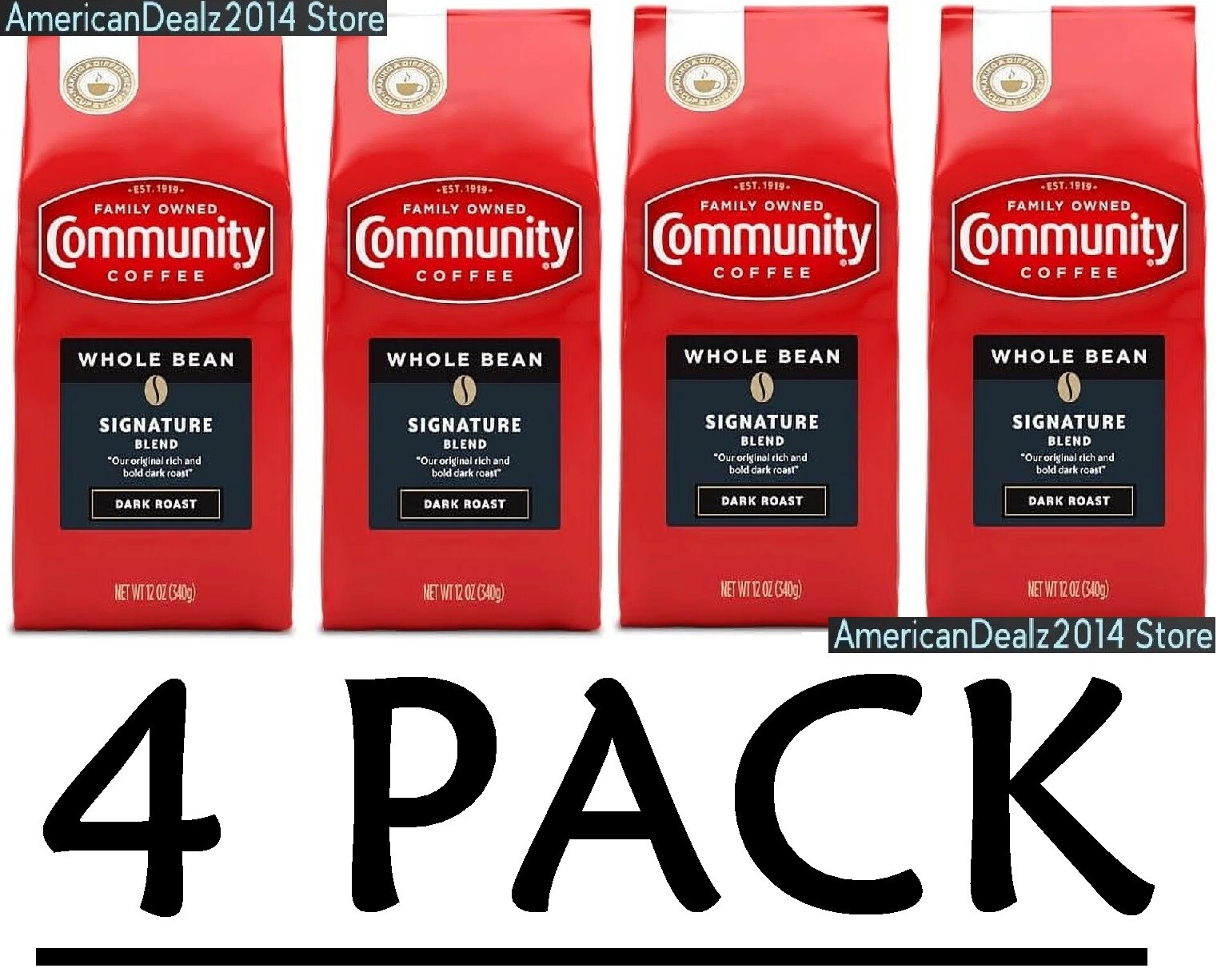 4 PACK Community Coffee Signature Blend Dark Roast Whole Bean 12 oz (Total 48oz)
