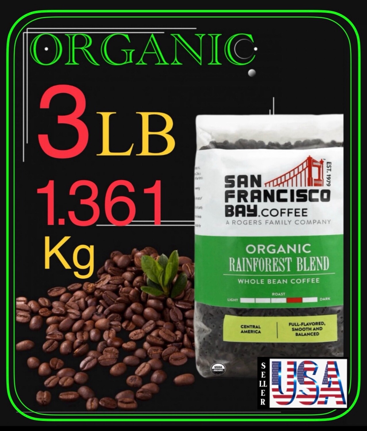 3 lbs, San Francisco Bay Organic Rainforest Blend Whole Bean Coffee, ( 1361 g )