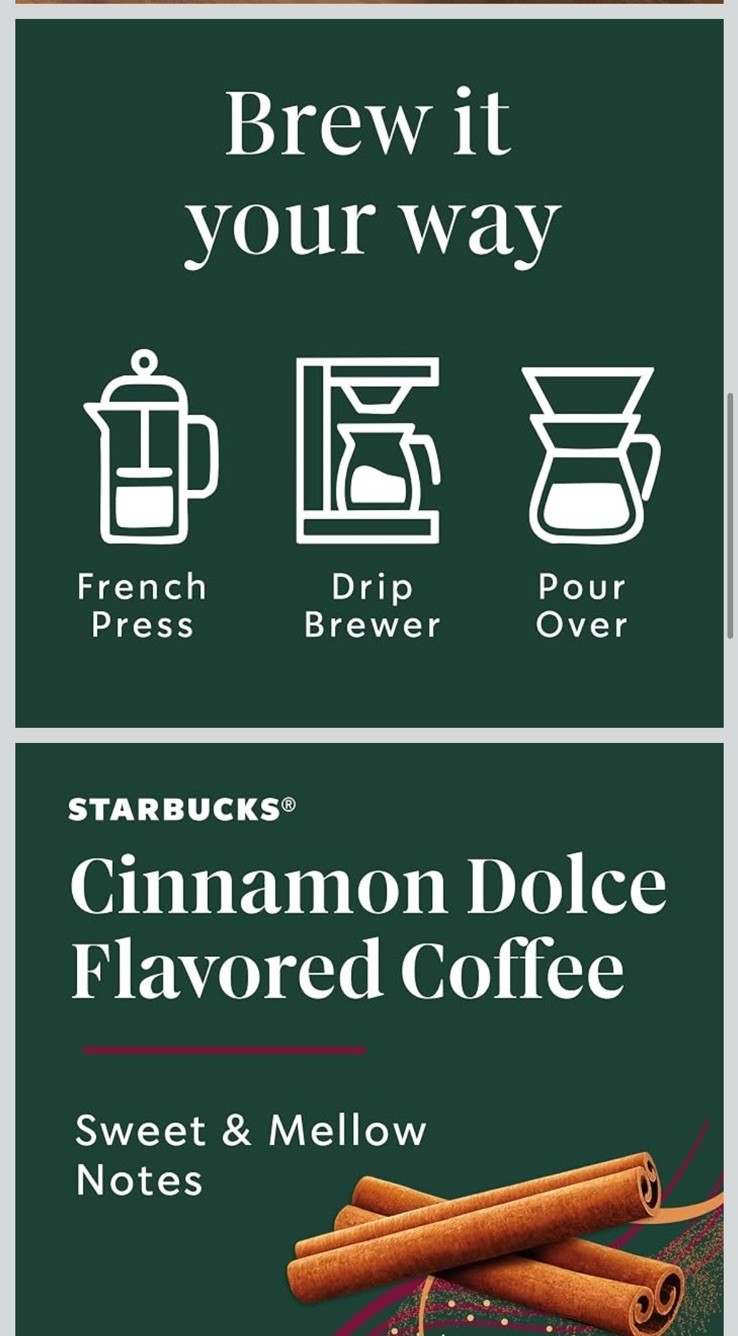 6 Bags (11 Oz Each) Starbucks Cinnamon Dolce Natural Flavored Ground Coffee