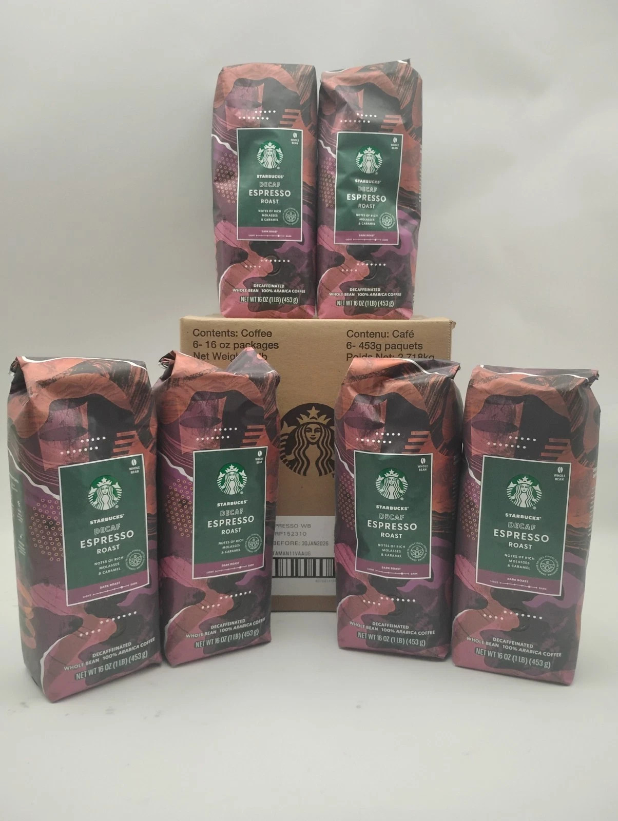 Starbucks Decaf Espresso Dark Roast Whole Bean Coffee 16oz Bag *Case of 6 Bags*
