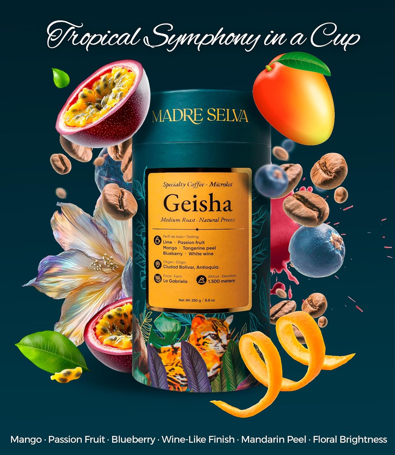 Colombian Geisha Coffee Whole Bean Medium Roast Arabica Gourmet Fresh Single Ori