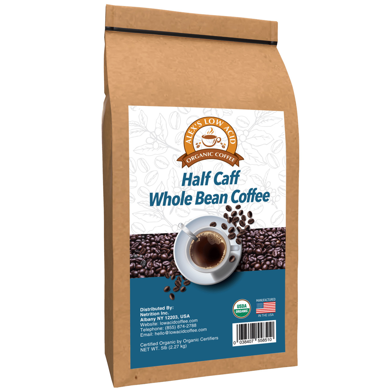Alex’s Low Acid Organic Coffee – Half Caff Whole Bean (5lbs)