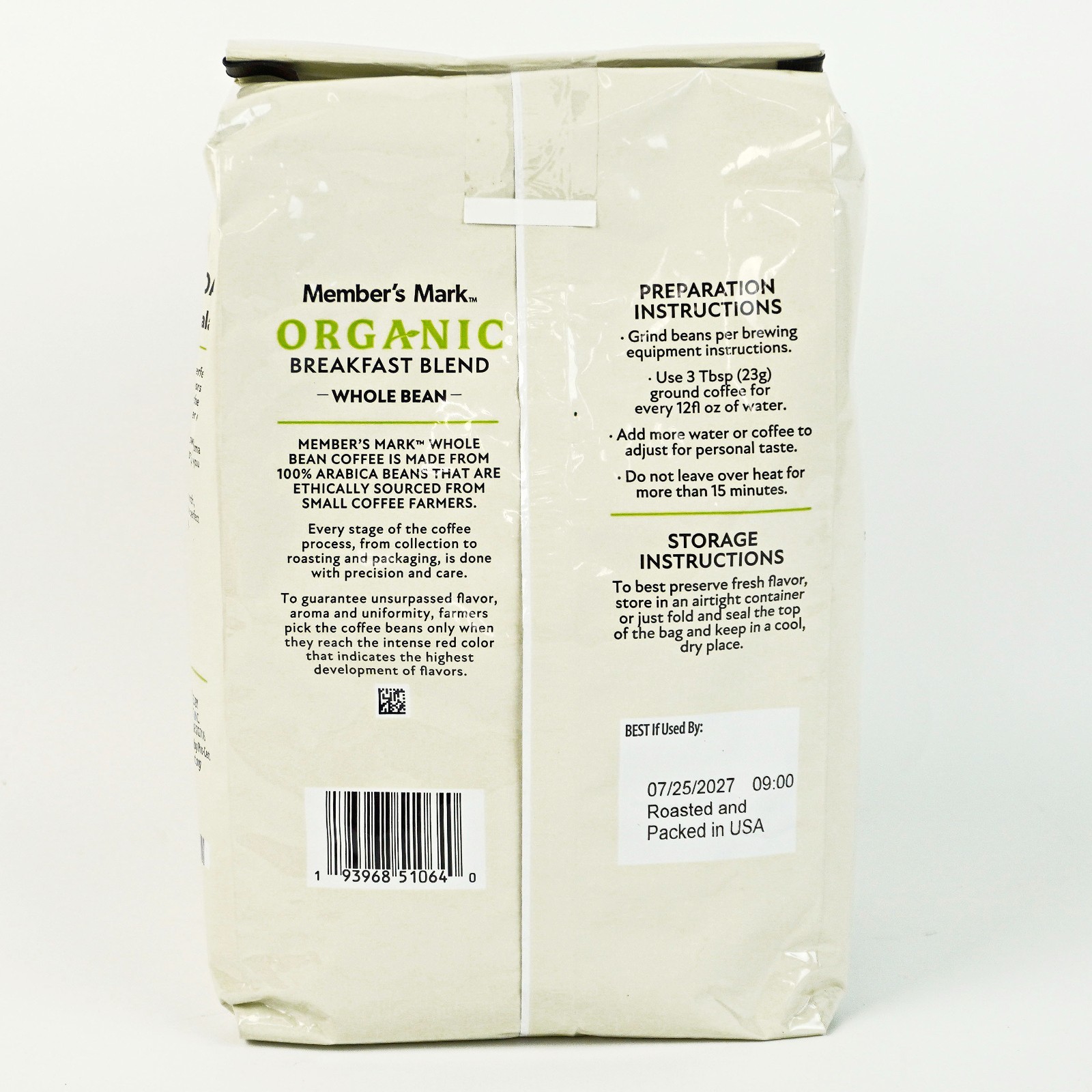 Member’s Mark Organic Breakfast Blend Whole Bean Coffee 40 oz. Bag (x3) -E
