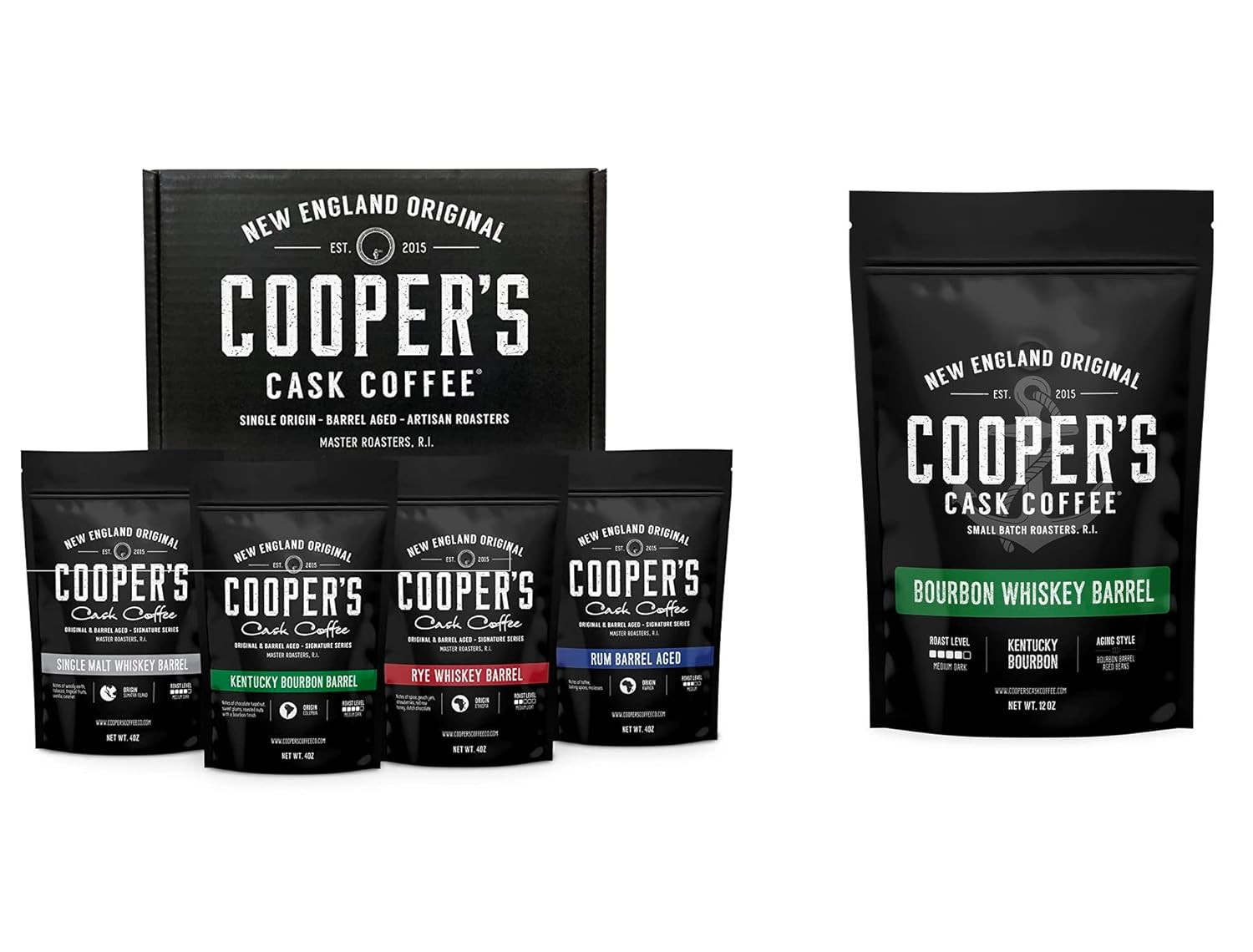 Bourbon Barrel Aged Coffee Box Set with 12Oz Whole Bean Bourbon Blend