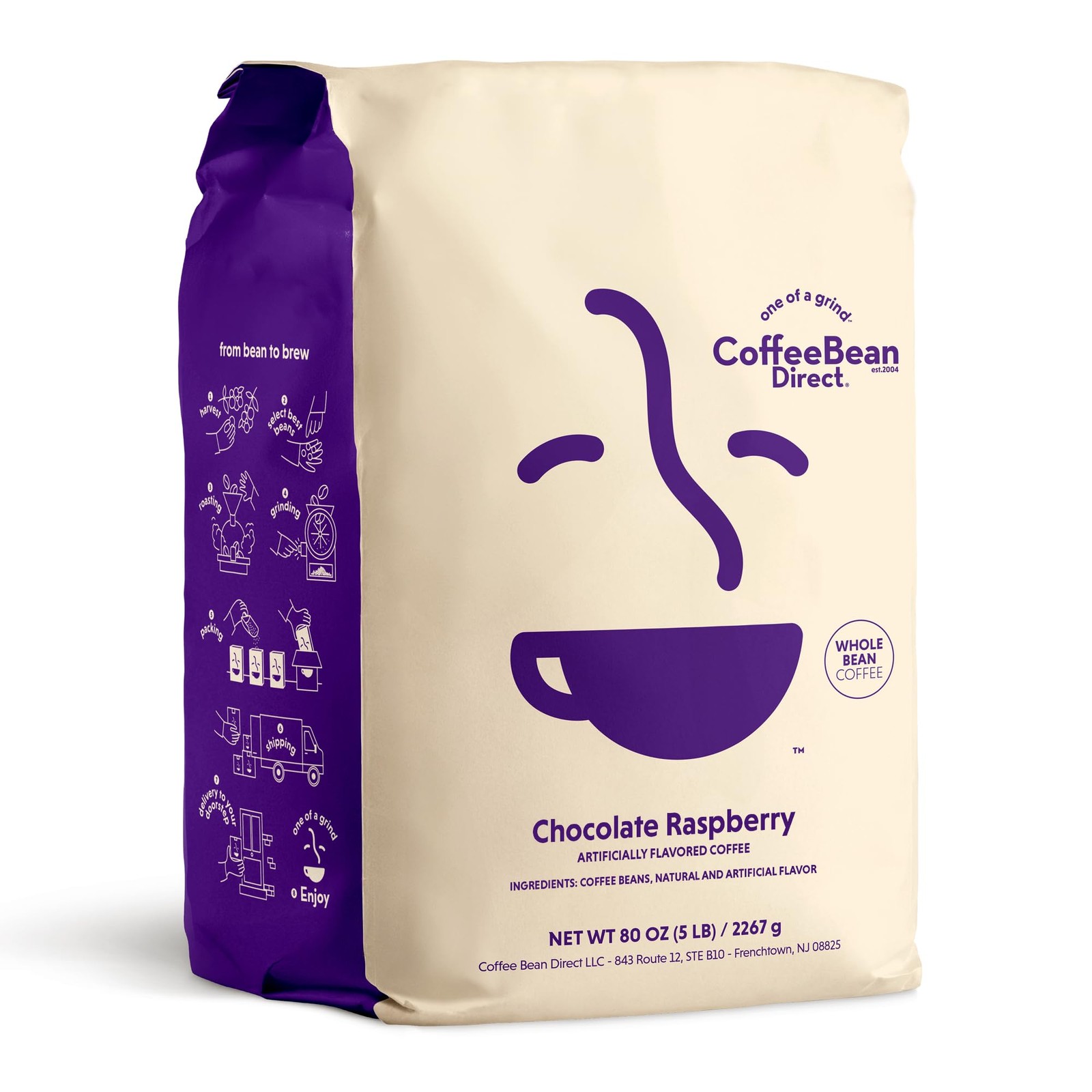 Chocolate Raspberry Flavored, Whole Bean Coffee, 5 Pound Bag (Pack of 1)