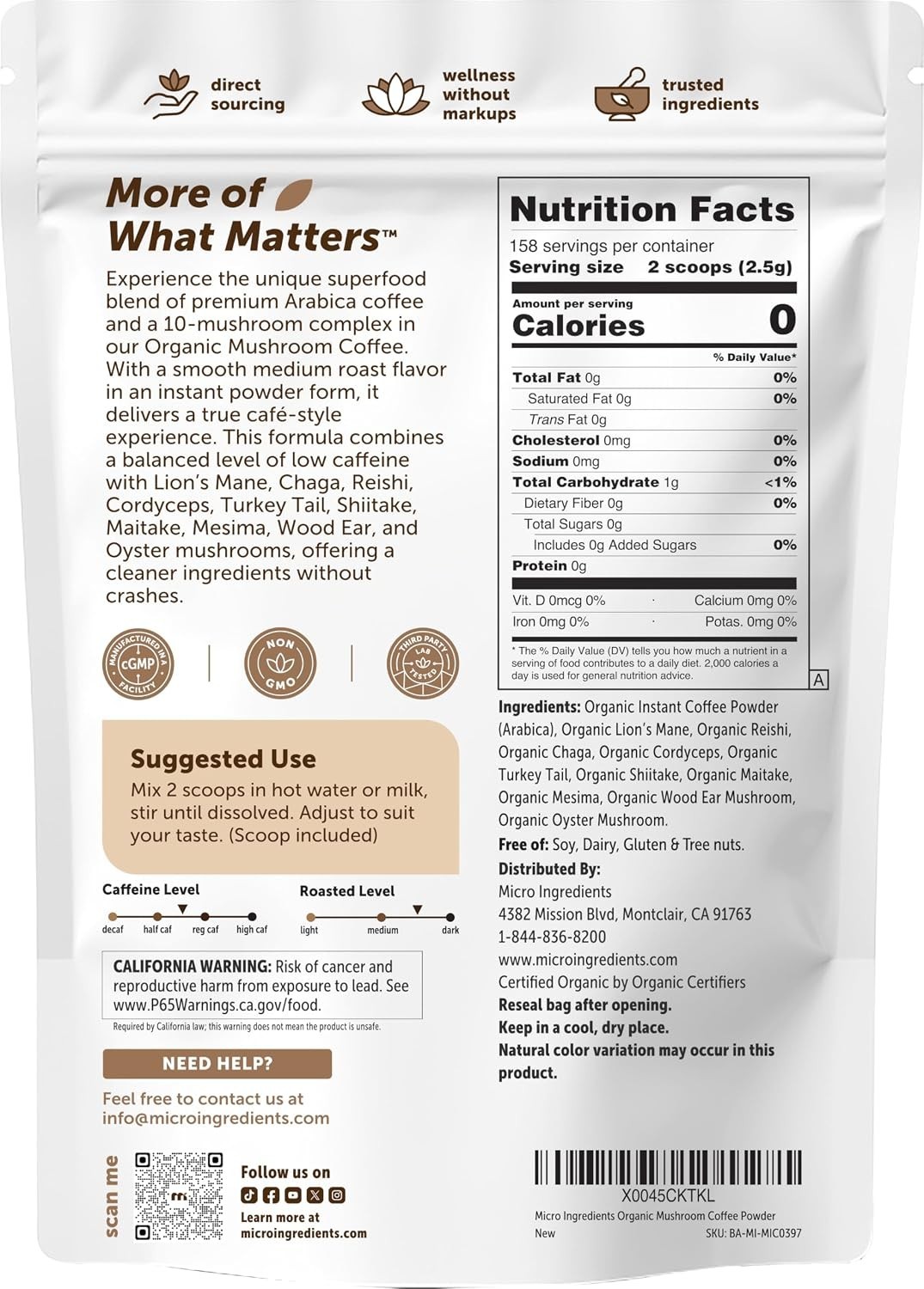 Instant Organic Mushroom Coffee, 14 oz | Gluten & Dairy-Free Antioxidant Boost