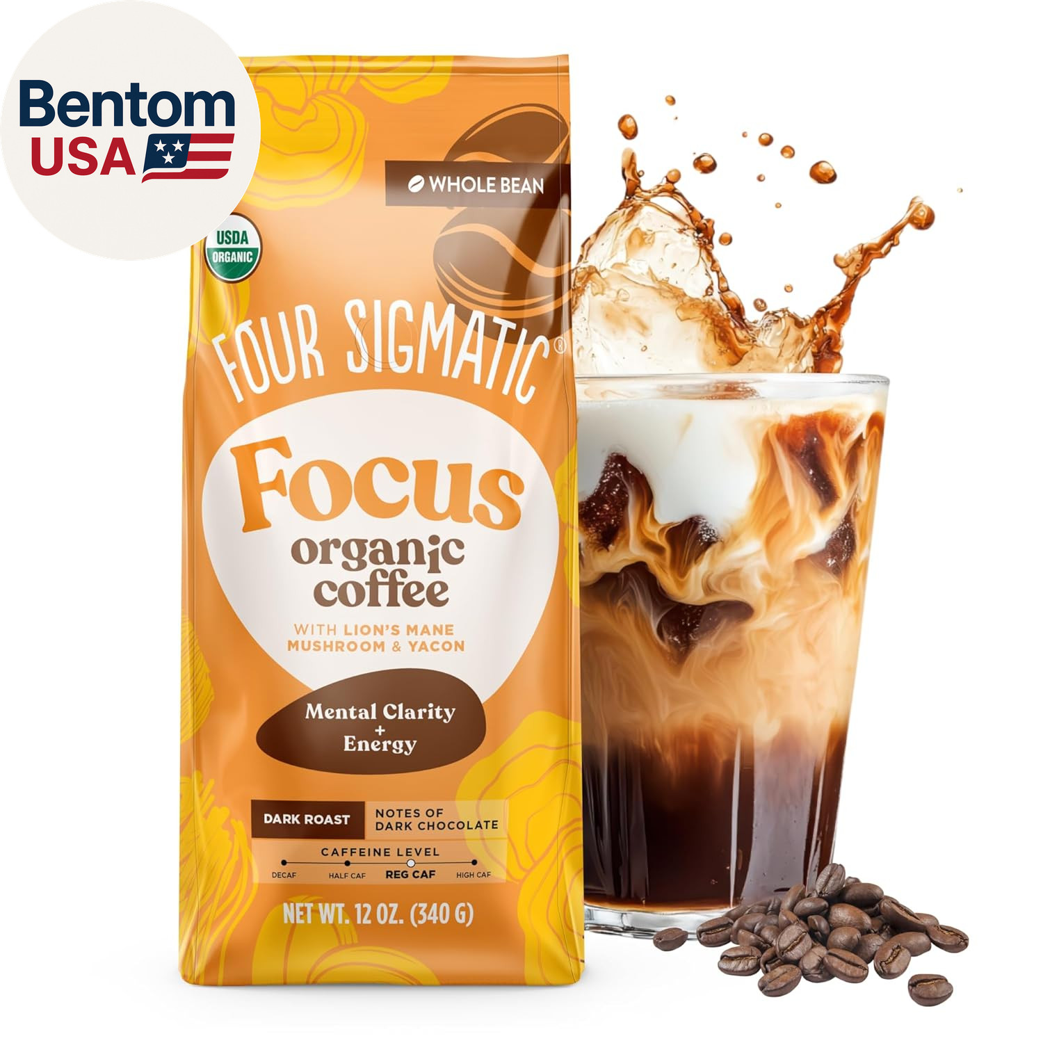 Dark Roast Organic Whole Bean Coffee | Whole Beans Coated with Lion’S Mane, Chag