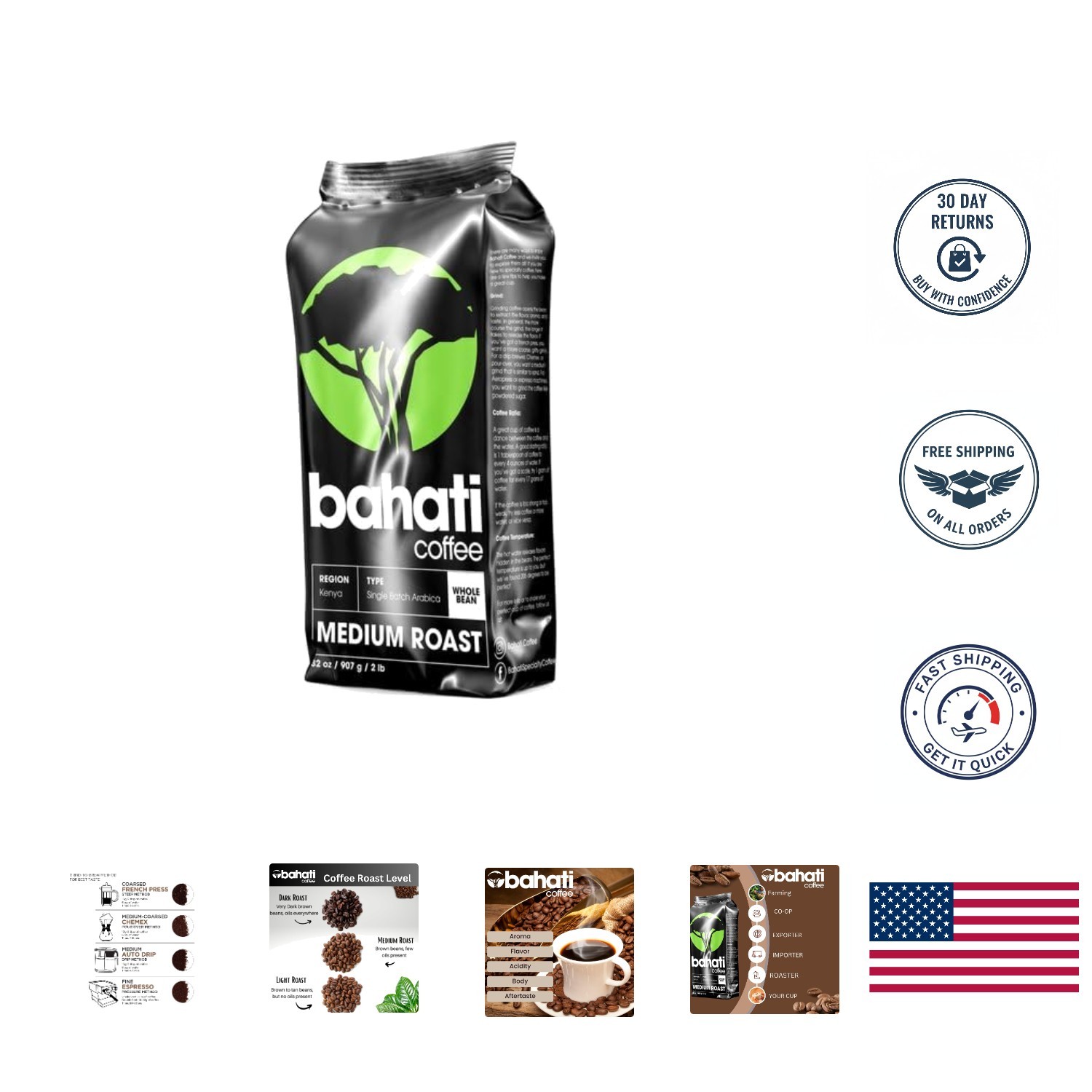Ethically Sourced Kenya AA Arabica Coffee – 100% Pure Medium Roast Beans 2 LB