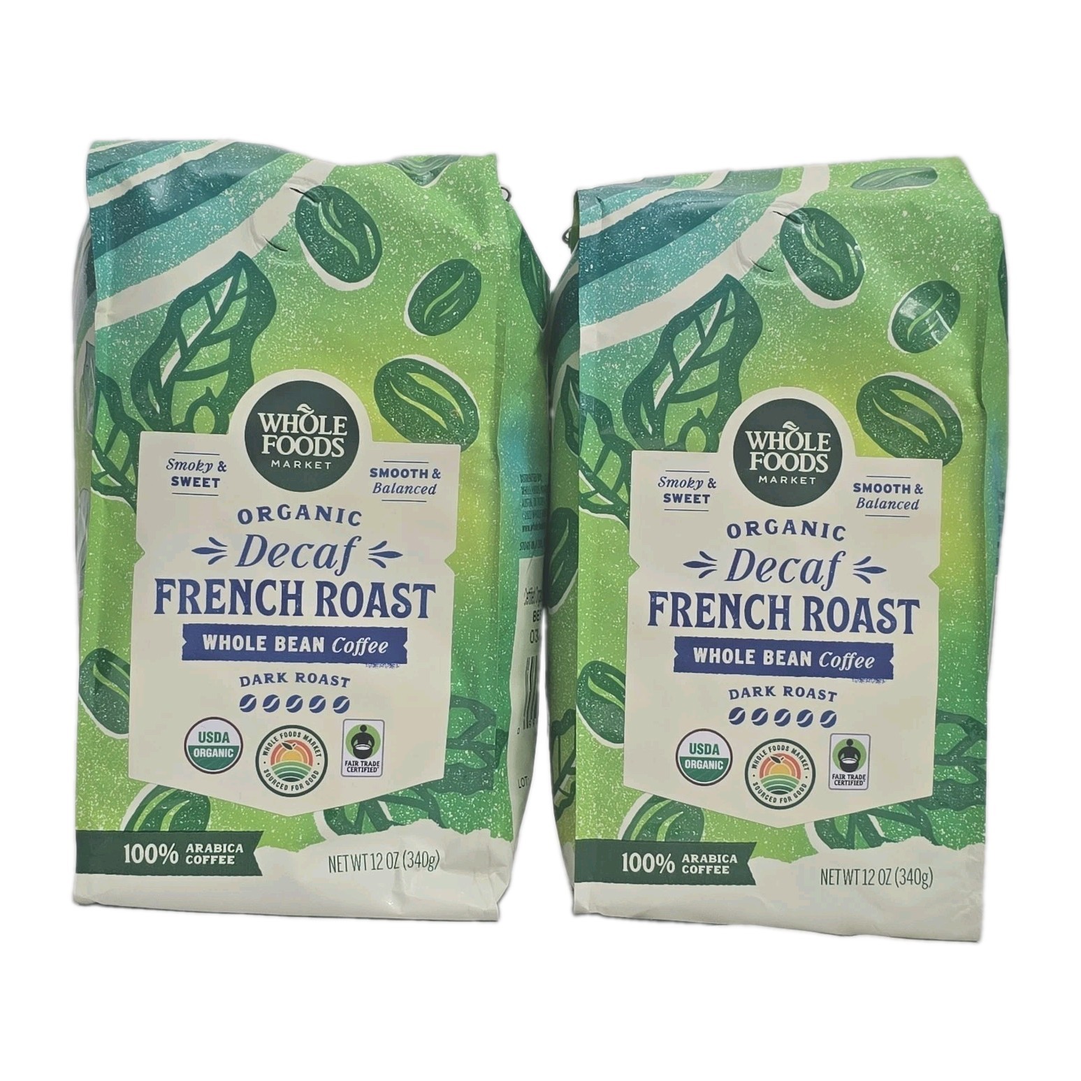 Whole Foods Market Organic Decaf French Roast Dark Coffee Whole Bean 2-PACK 12Oz
