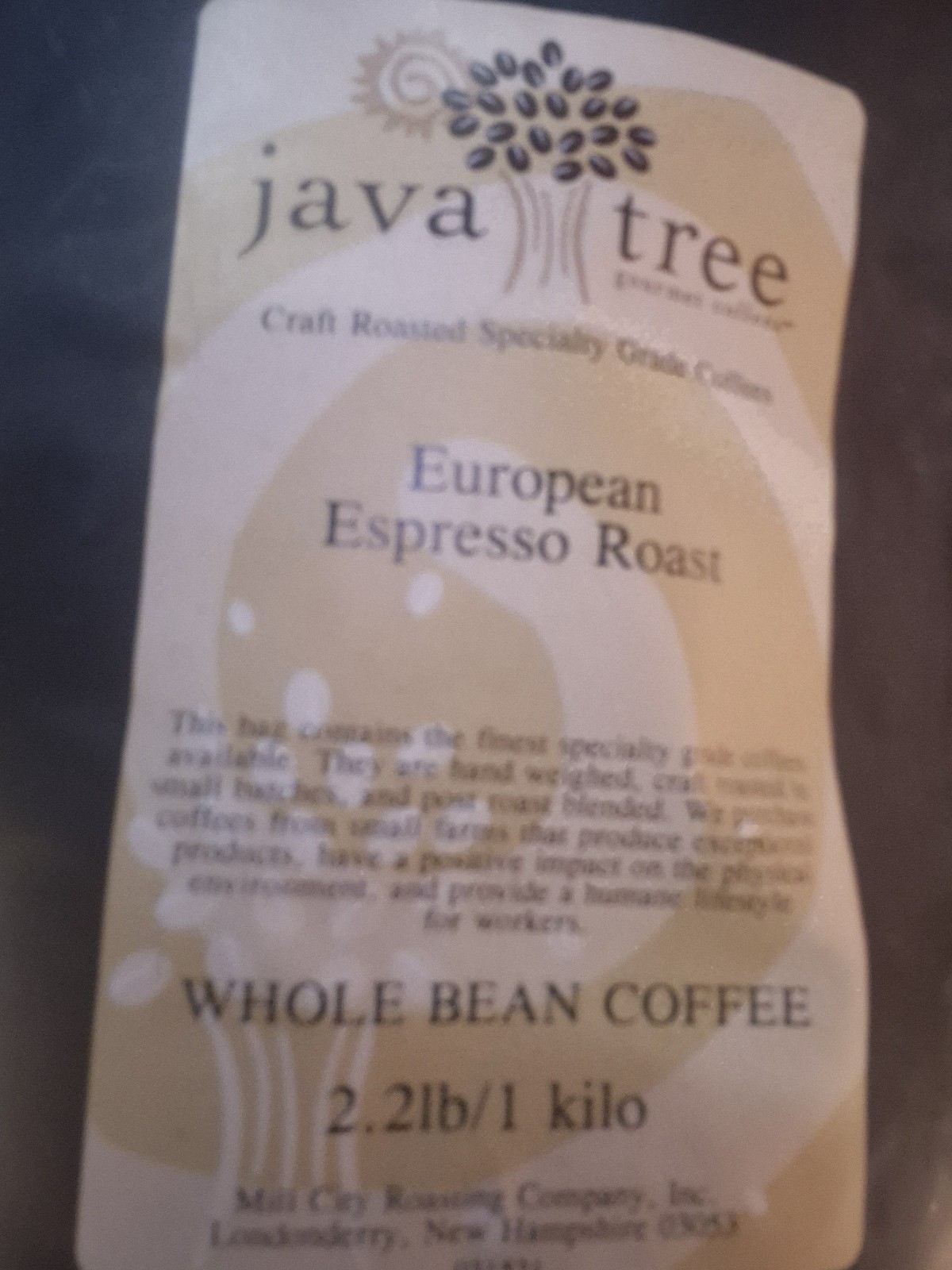 JAVA TREE EUROPEAN ESPRESSO ROAST WHOLE BEAN COFFEE 2.2 LBS