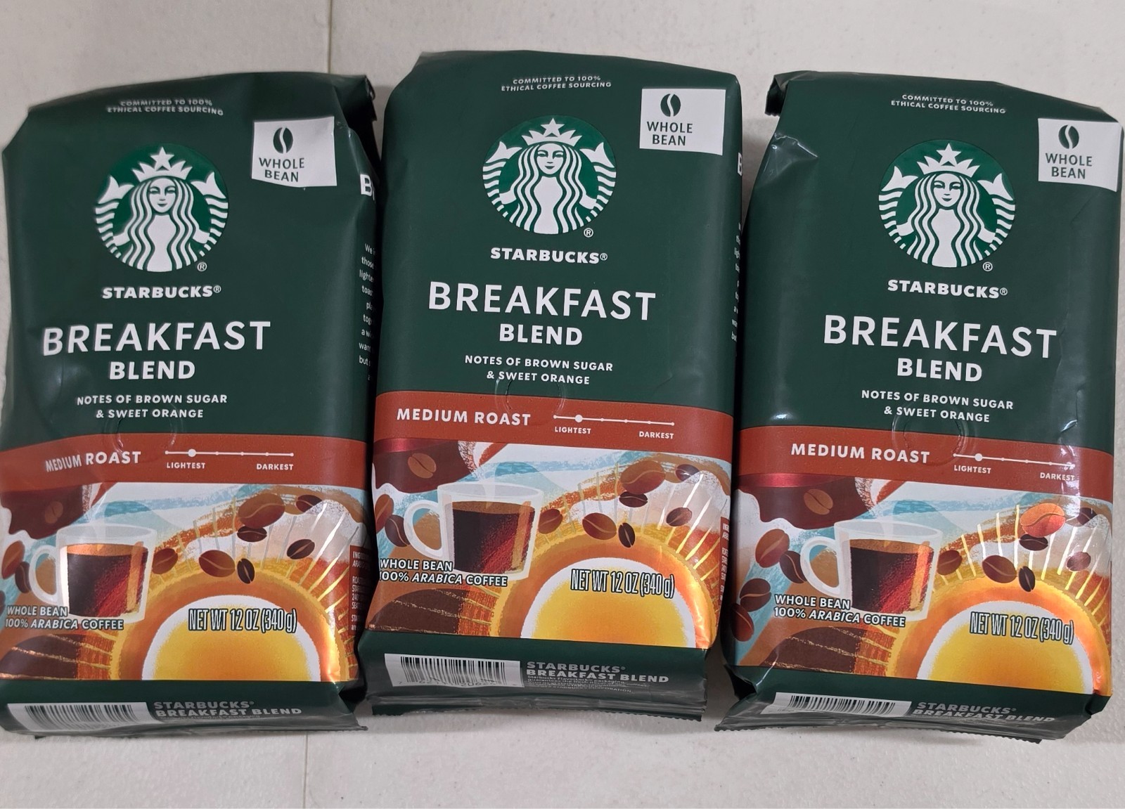 Starbucks Whole Bean Med Roast Coffee Breakfast Blend 3/12oz Bags SEE DESCRIPTIO