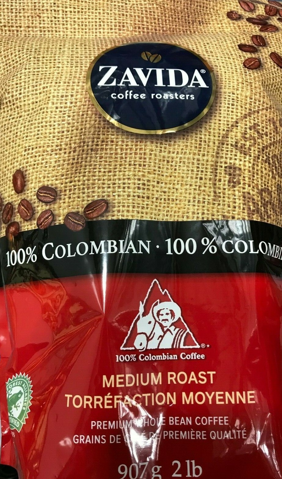 ZAVIDA 100% COLOMBIAN PREMIUM WHOLE BEAN COFFEE MEDIUM ROAST 907g/2 LBS 1 BAG