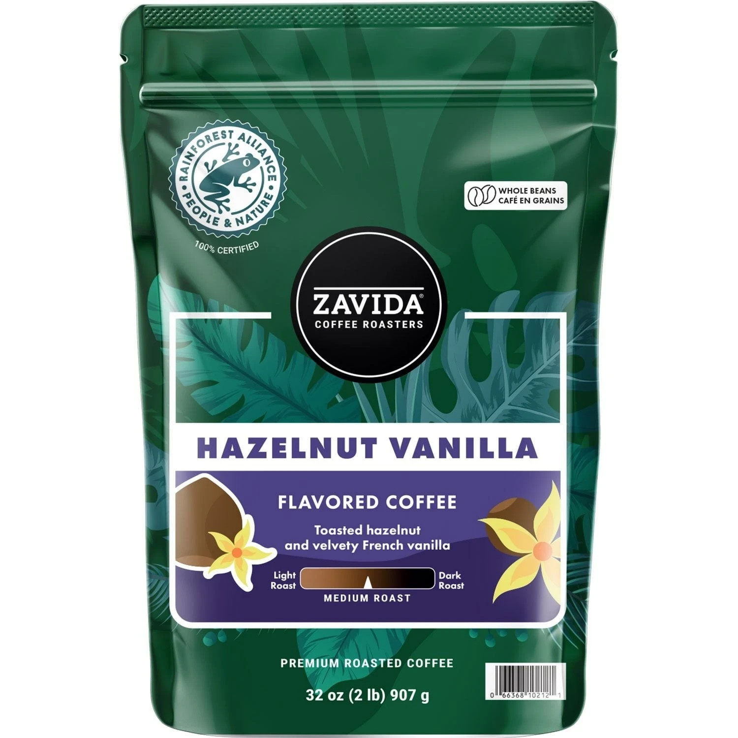 2 Pack – Zavida Coffee Whole Bean Coffee, Hazelnut Vanilla, 32 oz.