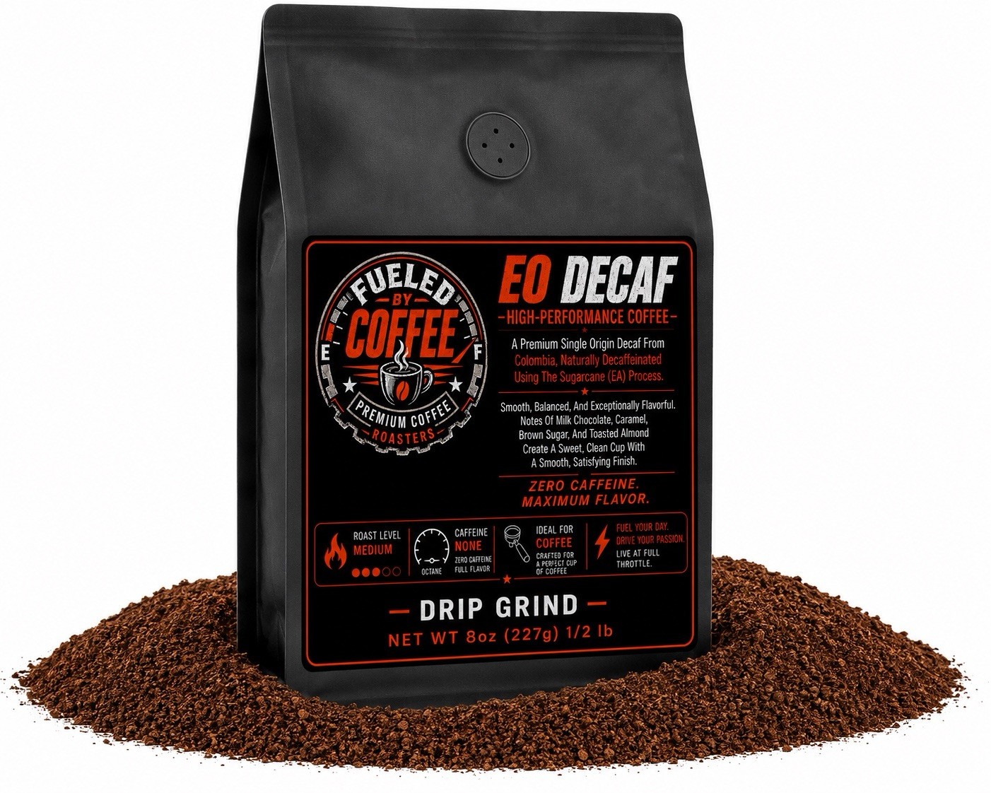 FUELED BY COFFEE E0 Decaf High-Performance Columbian Coffee 8oz Bag Drip Grind