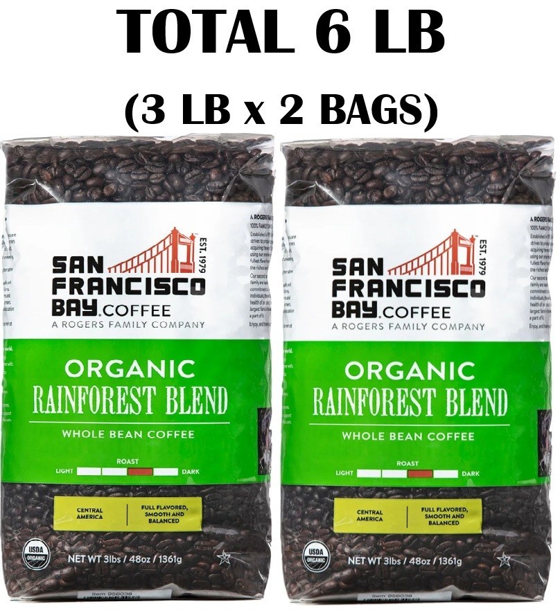San Francisco Bay Coffee Organic Whole Bean Medium-Dark Roast, 3 lbs 2-pack