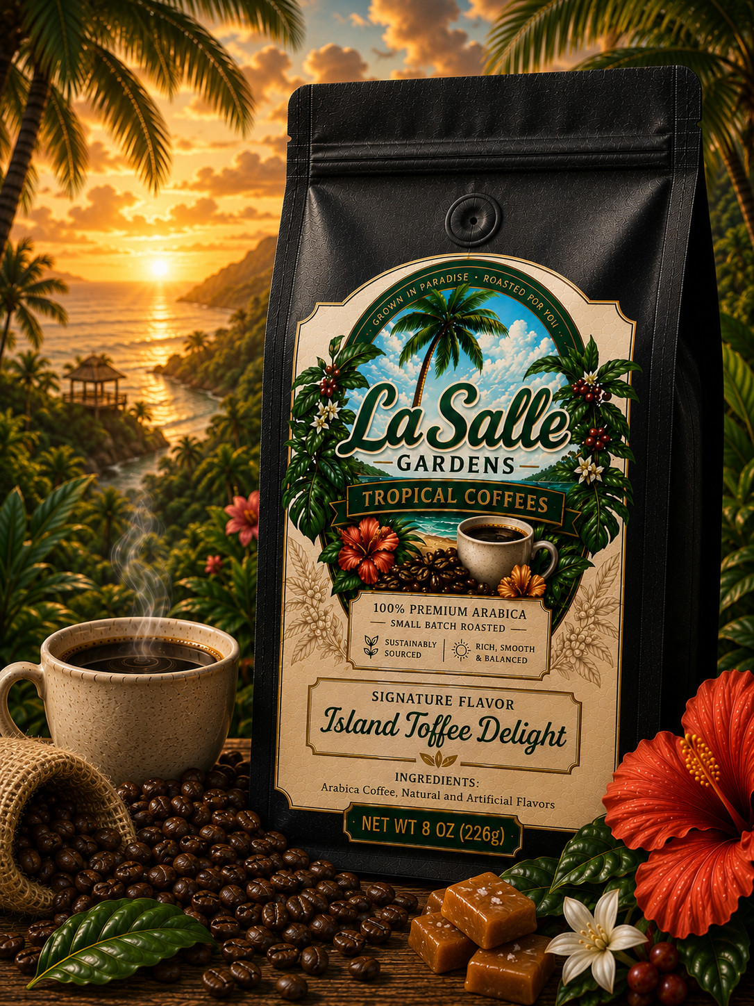 Island Toffee Arabica Whole Bean Coffee 8 oz. Natural, Artificial Flavor USA