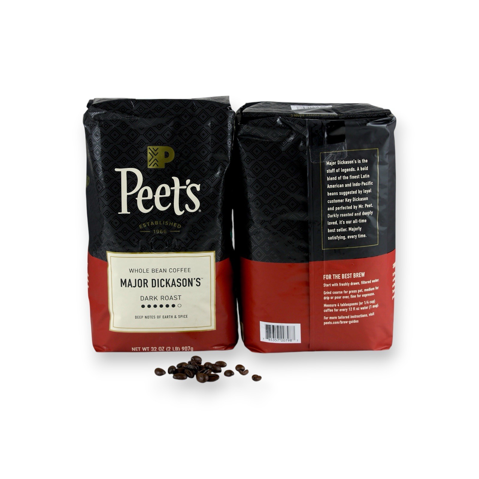 2 Packs Of Peet’s Major Dickason’s Dark Roast Whole Bean Coffee 32 Oz Each