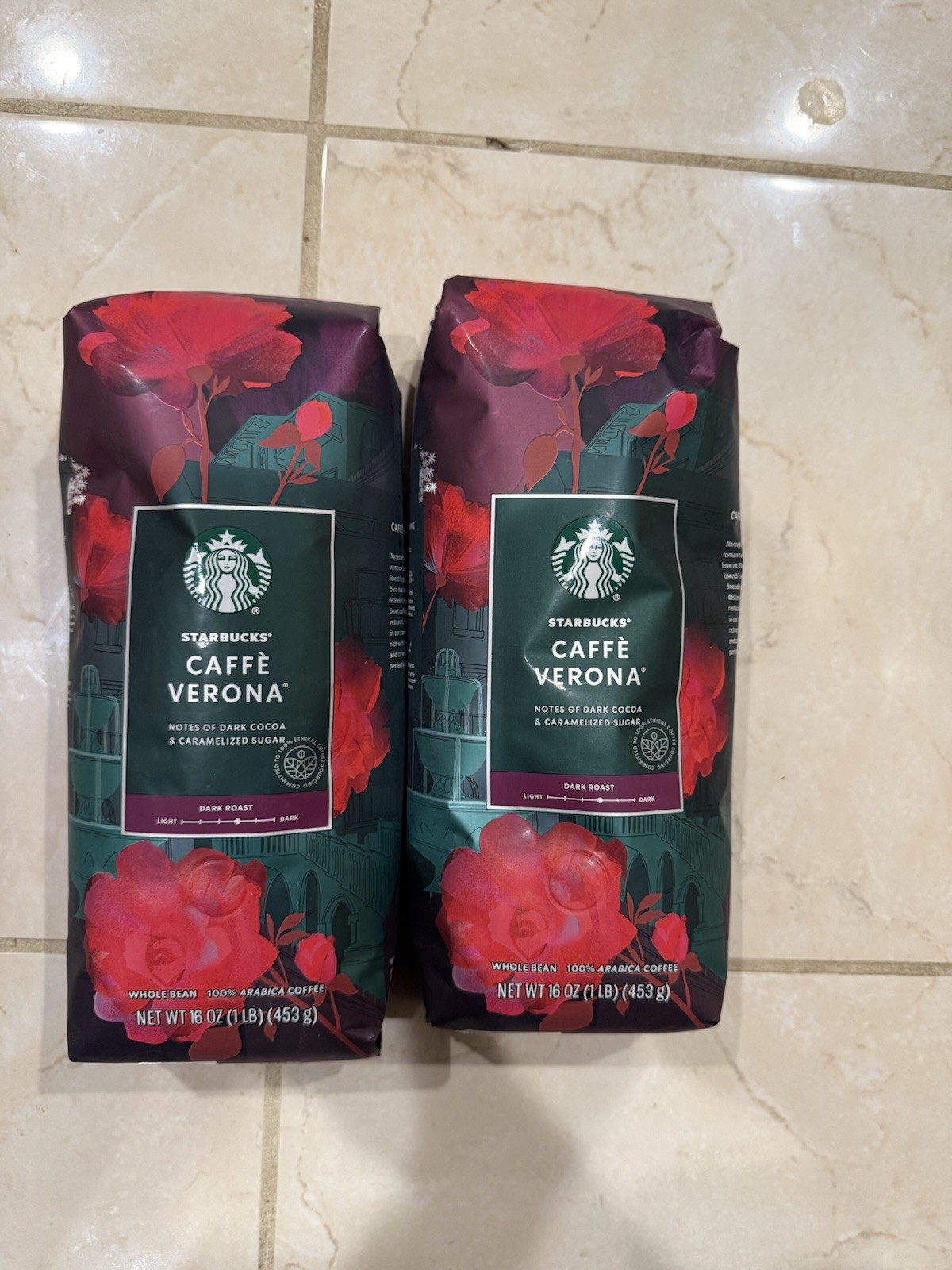 Starbucks Caffe Verona Whole Bean Dark Roast 1LB/bag Two Bags BB: Oct 2026