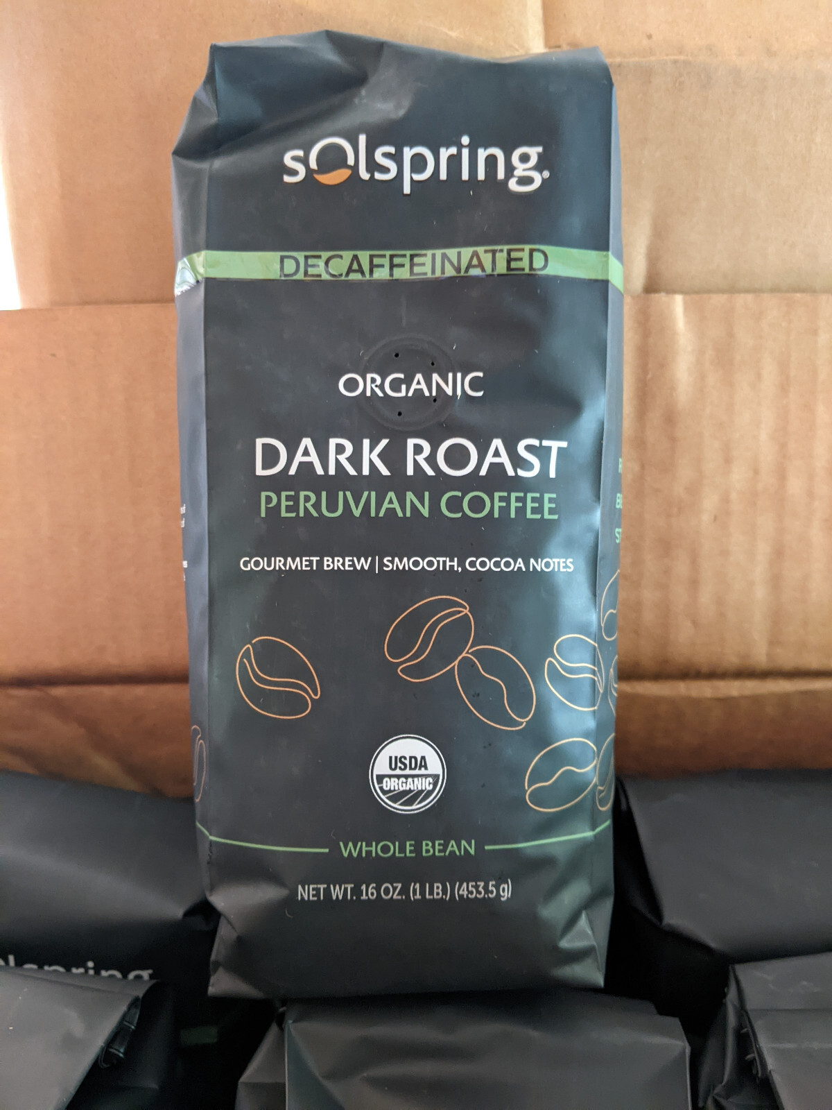 Solspring Organic Peruvian Dark Roast Coffee, 16 oz Decaf Whole Bean Qty 12