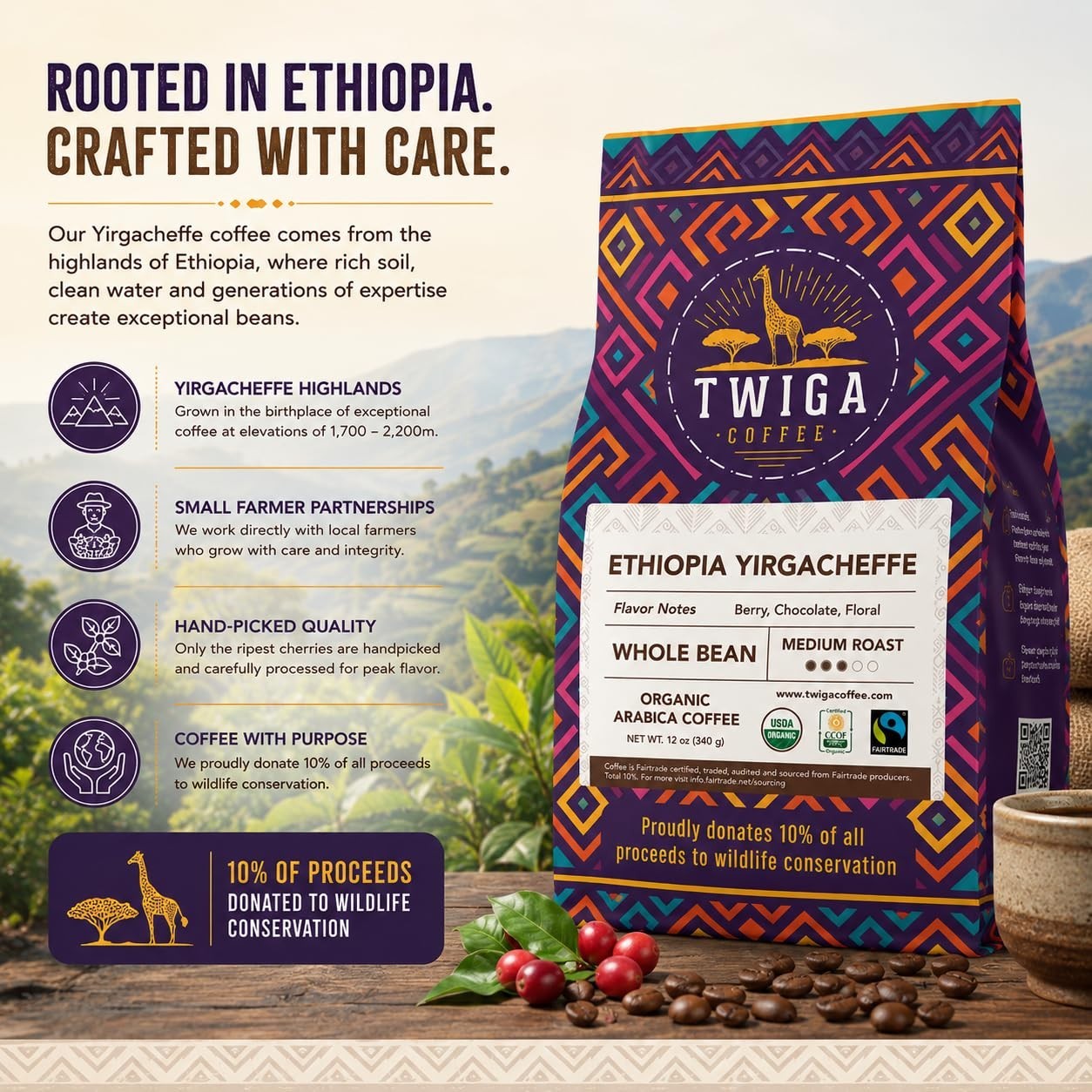 Twiga Ethiopia Yirgacheffe Whole Bean Coffee Organic Fairtrade 12 oz Medium