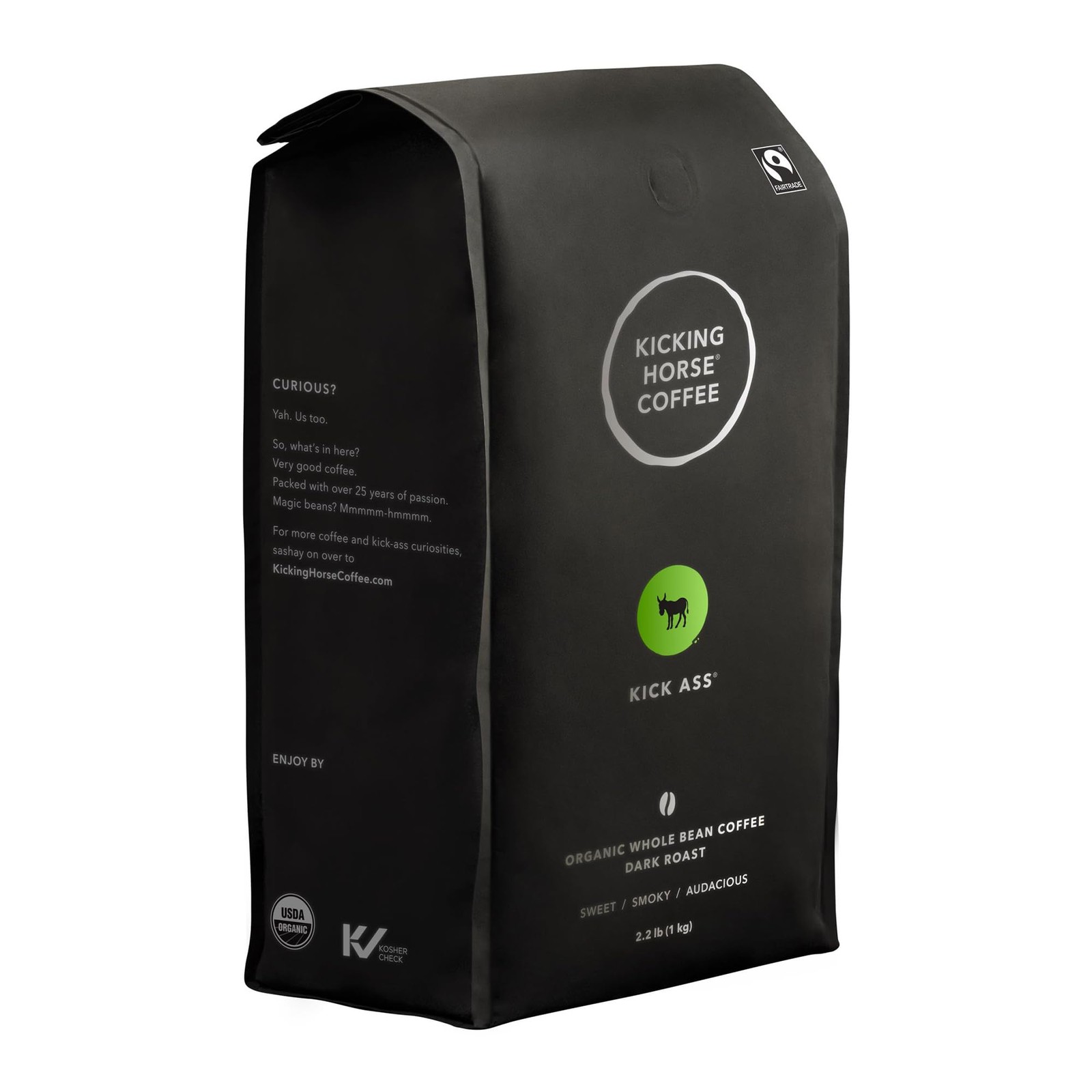 Coffee Kick Ass Dark Roast Whole Bean Certified Organic Fairtrade Kosher Coffee