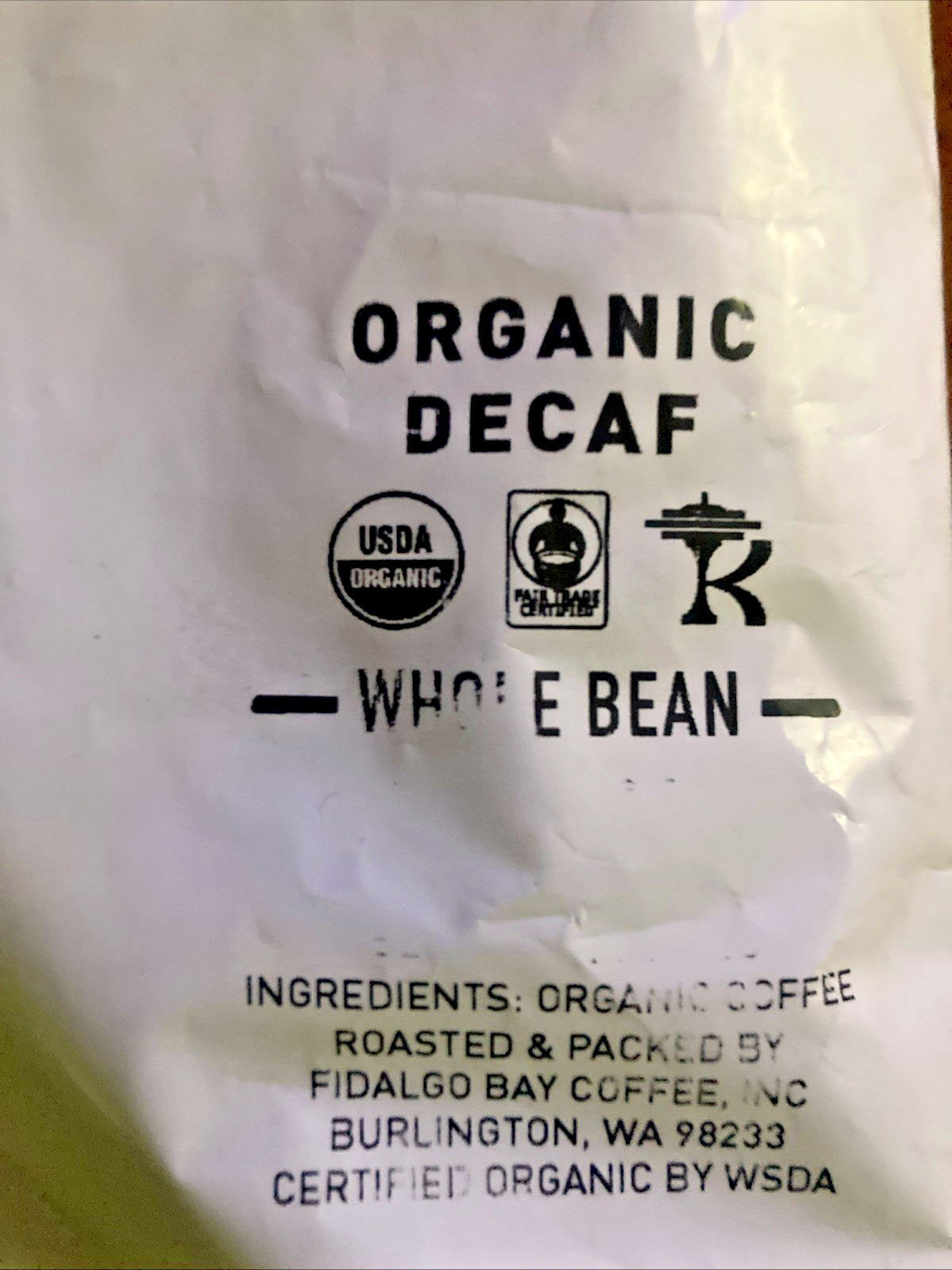 2 pounds of Fidalgo Organic Decaf Whole Bean Coffee