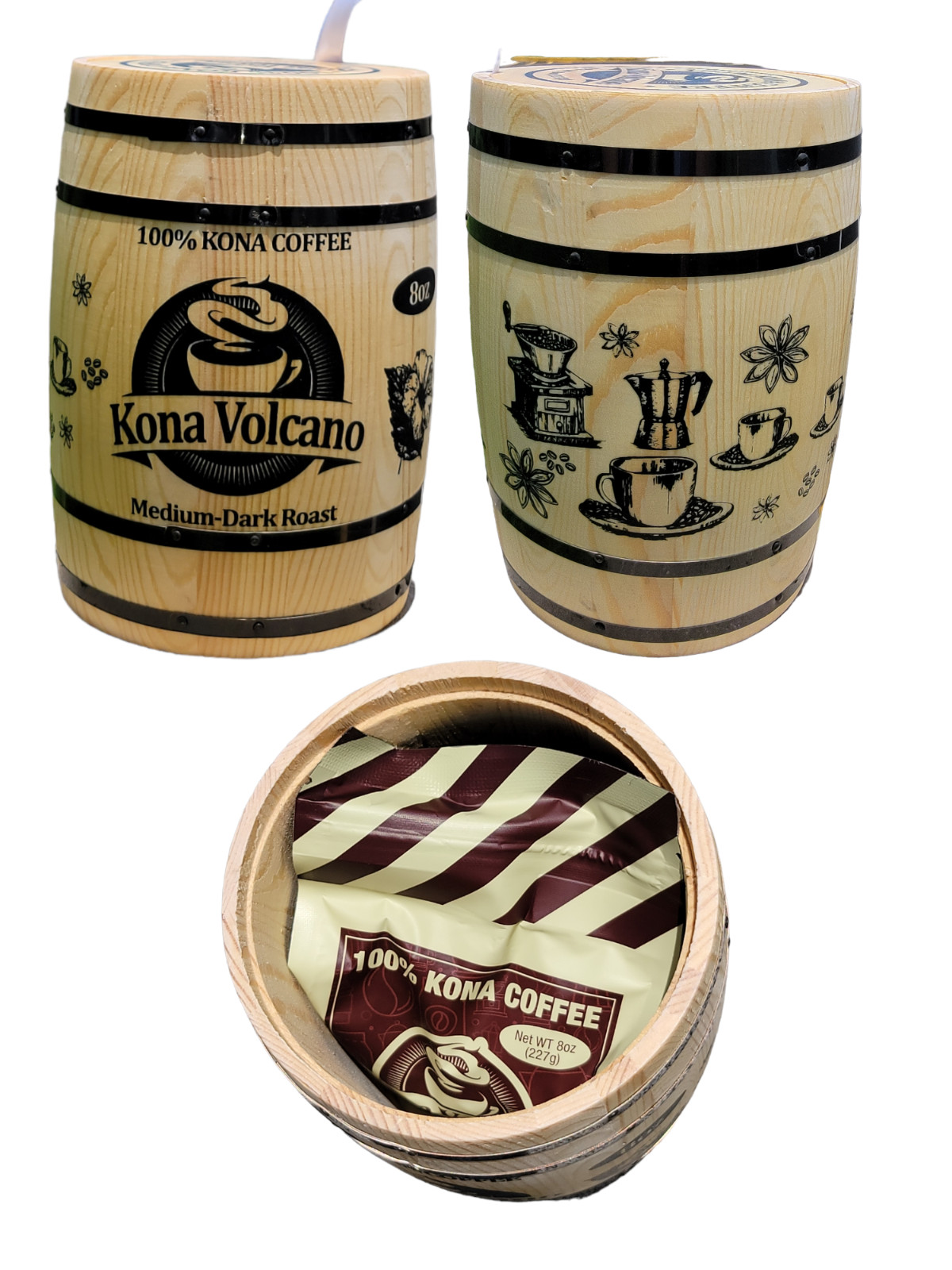 Pine Wood Barrel W/Whole Bean 8oz bag