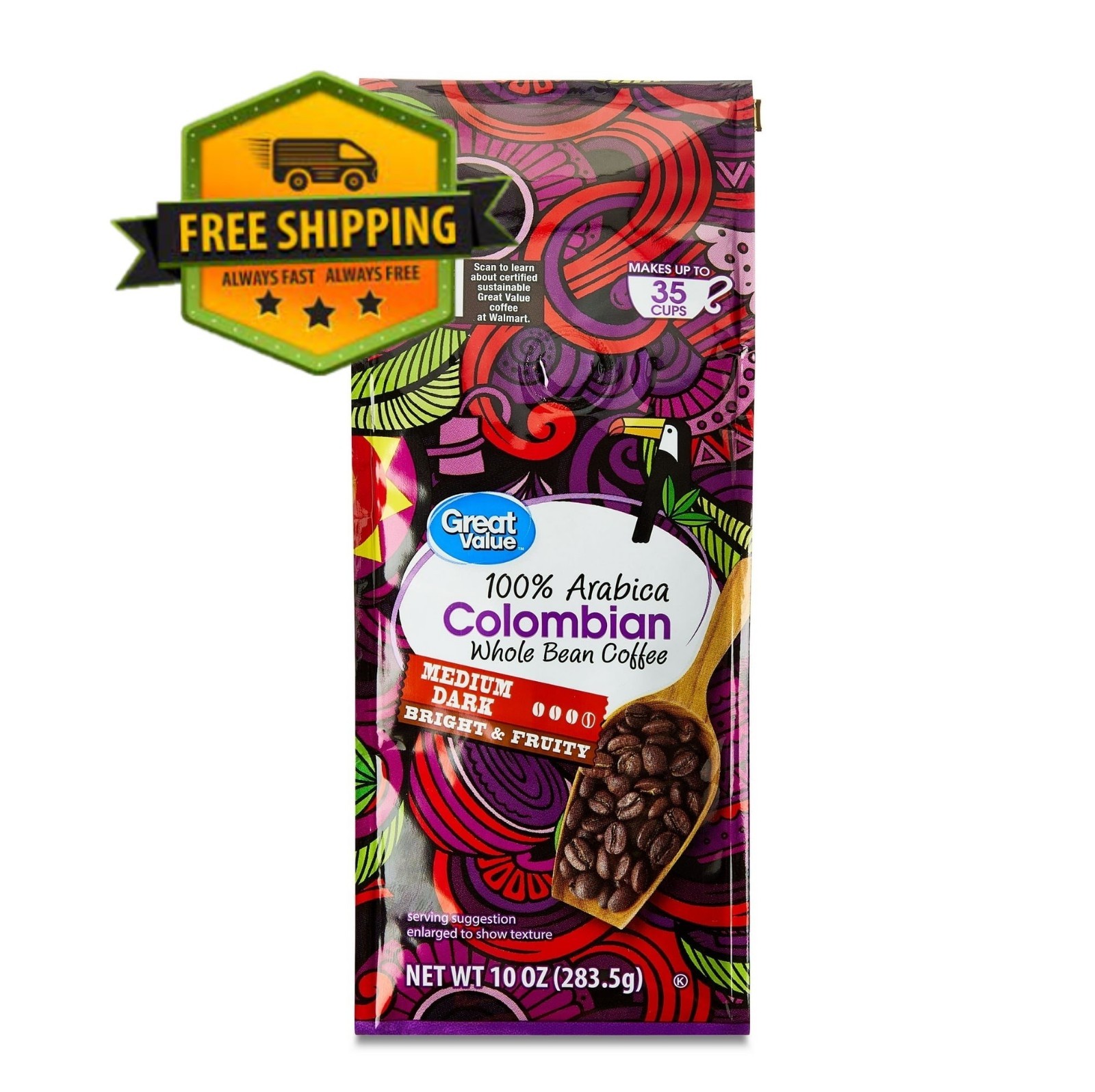 Great Value Colombian Whole Bean Coffee, Medium-Dark Roast, 10 oz Bag
