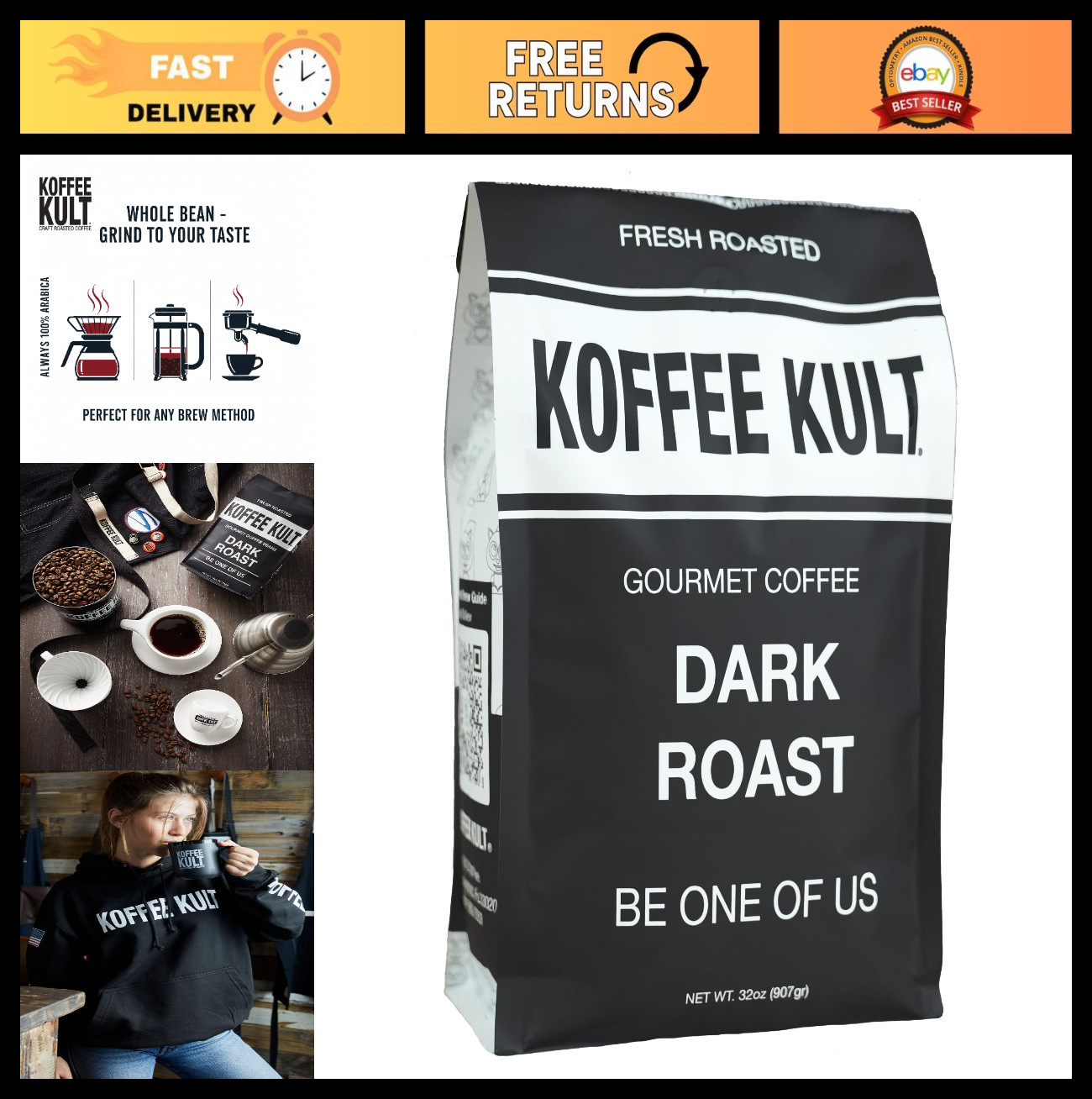 Dark Roast Whole Bean Coffee – 100% Arabica Gourmet Blend, Smooth & Balanced, 32