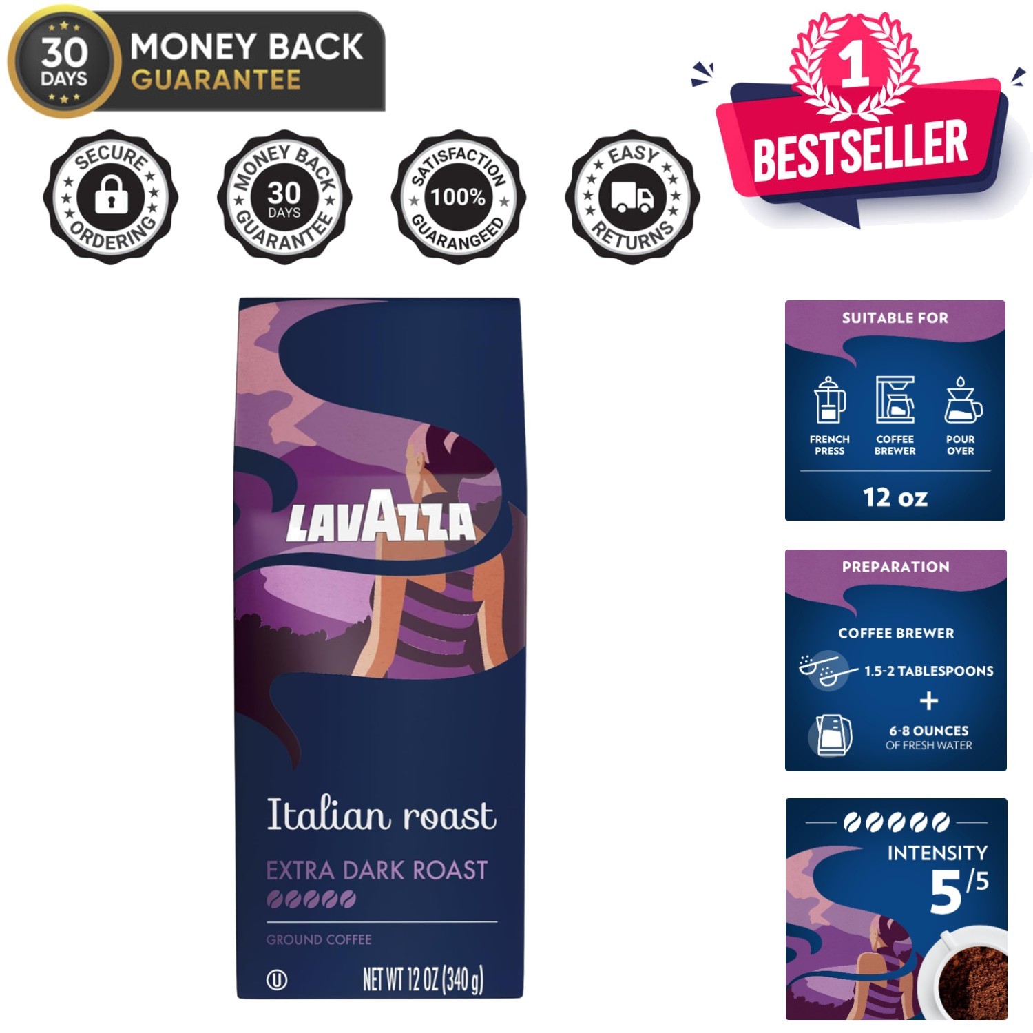 12oz Italian Roast Ground Coffee – Extra Dark Roast with 100% Arabica